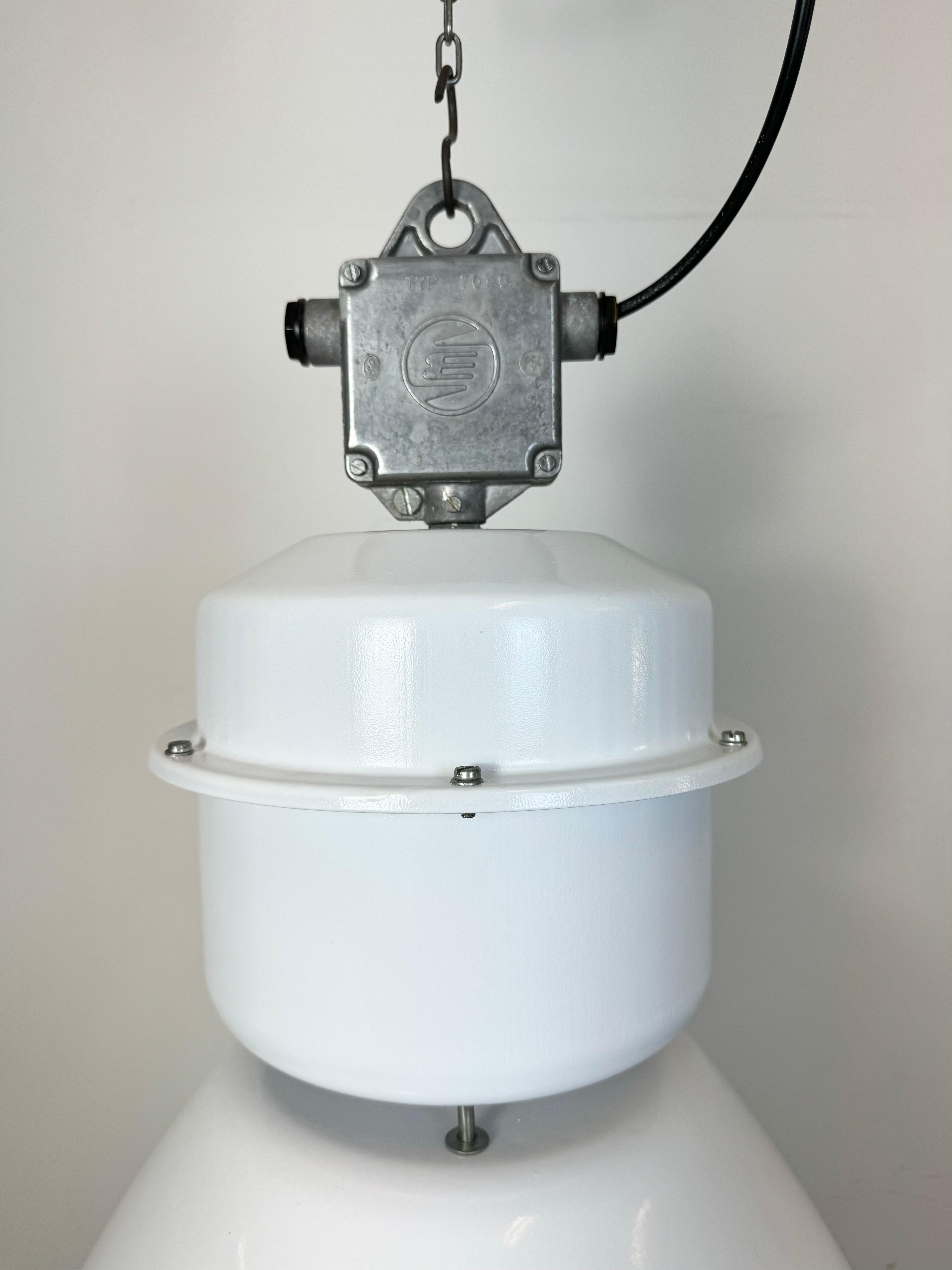Czech Large White Enamel Industrial Factory Lamp with Glass Cover, 1990s For Sale
