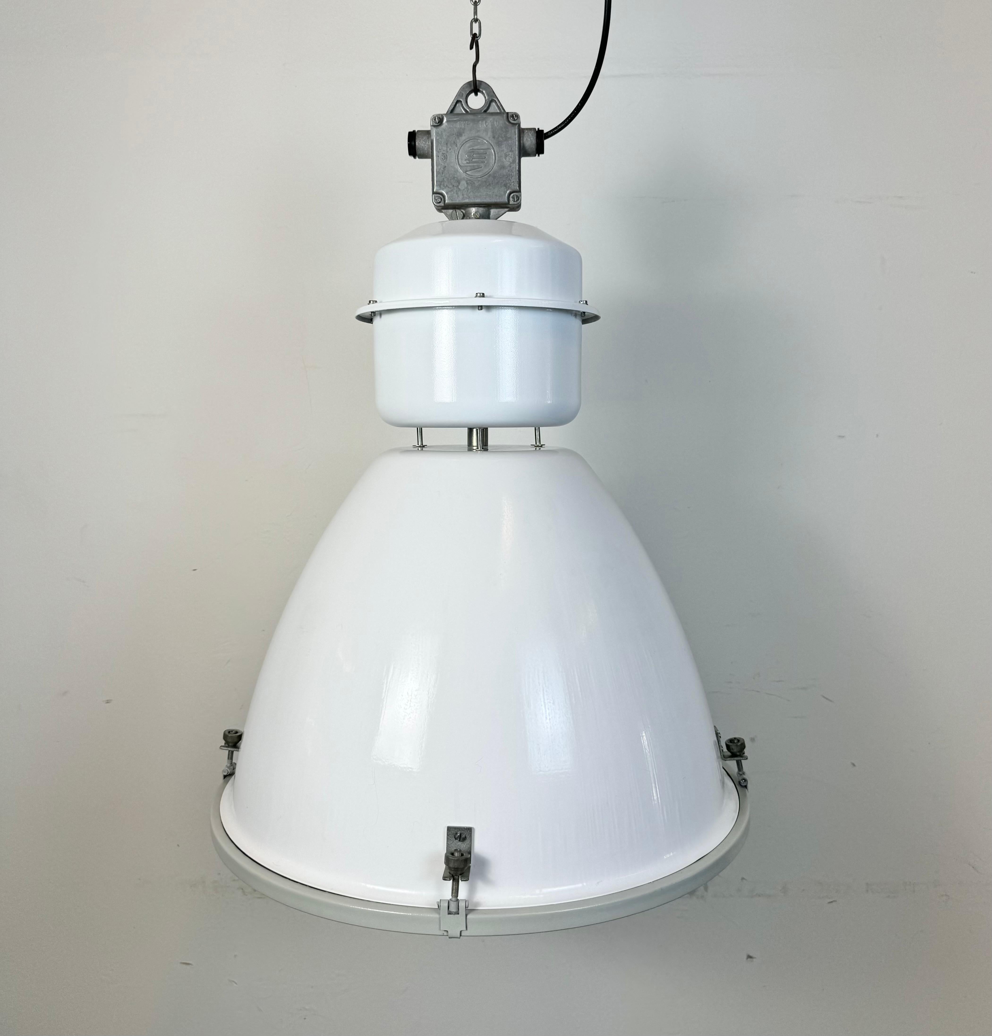 Enameled Large White Enamel Industrial Factory Lamp with Glass Cover, 1990s For Sale