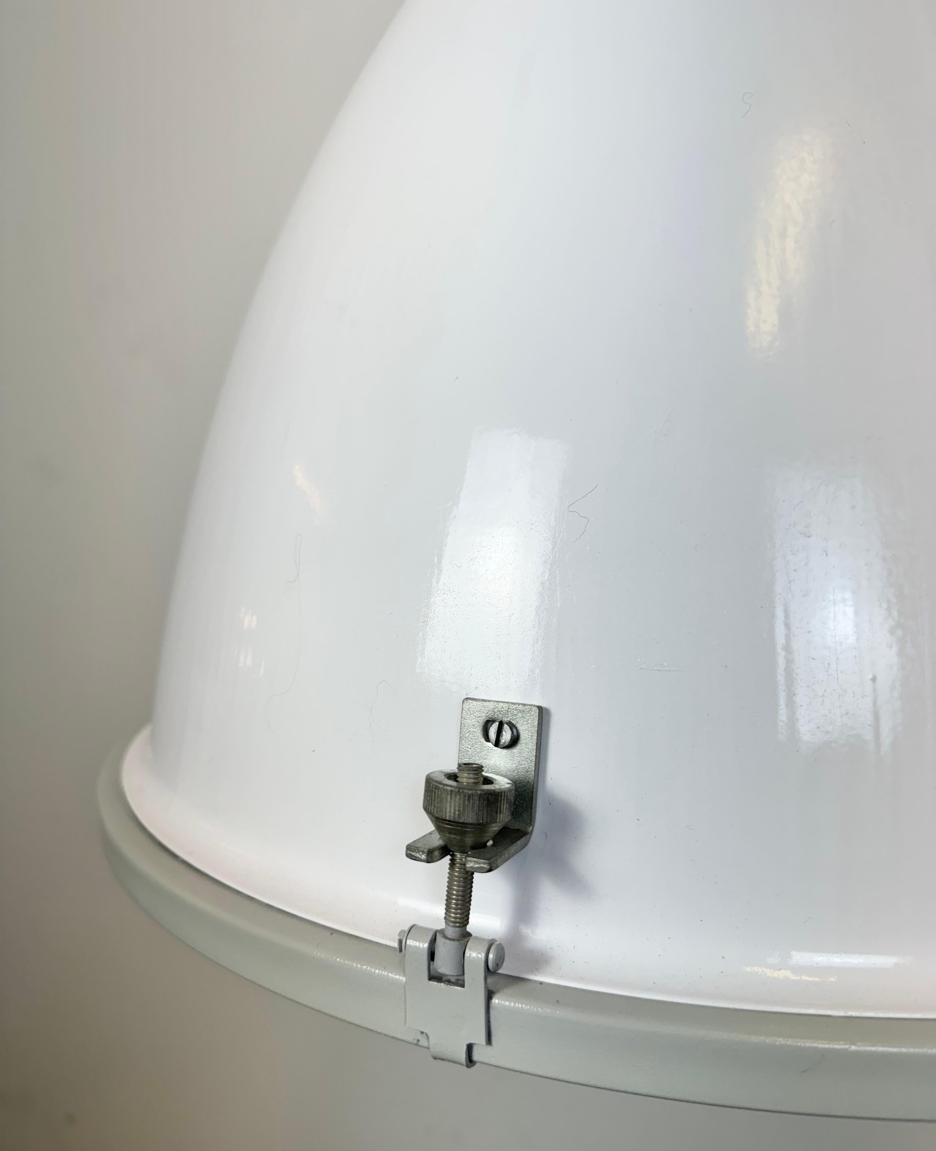 Aluminum Large White Enamel Industrial Factory Lamp with Glass Cover, 1990s For Sale