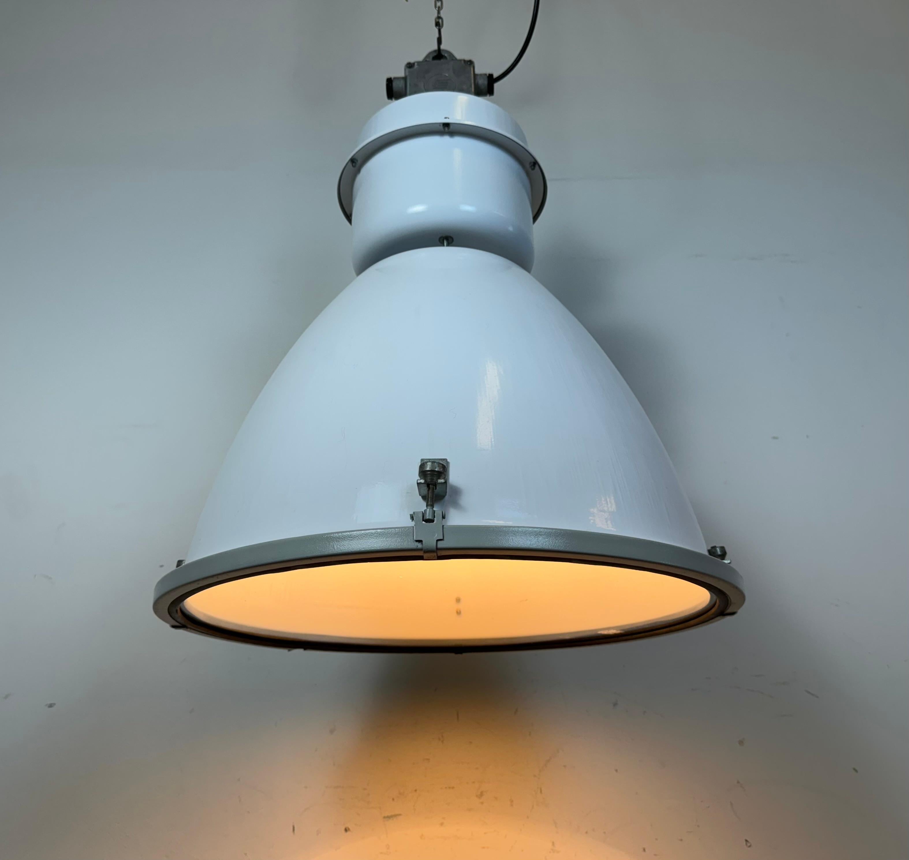 Large White Enamel Industrial Factory Lamp with Glass Cover, 1990s For Sale 1