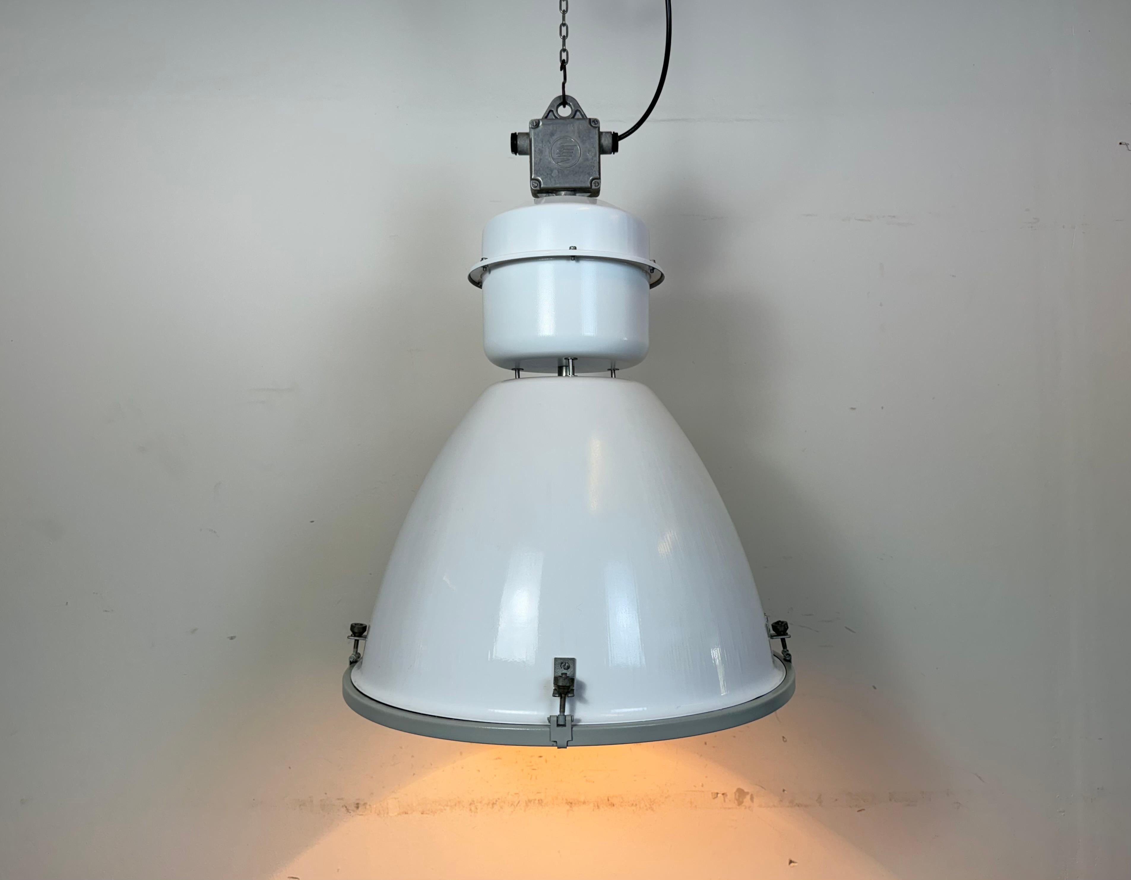 Large White Enamel Industrial Factory Lamp with Glass Cover, 1990s For Sale 2
