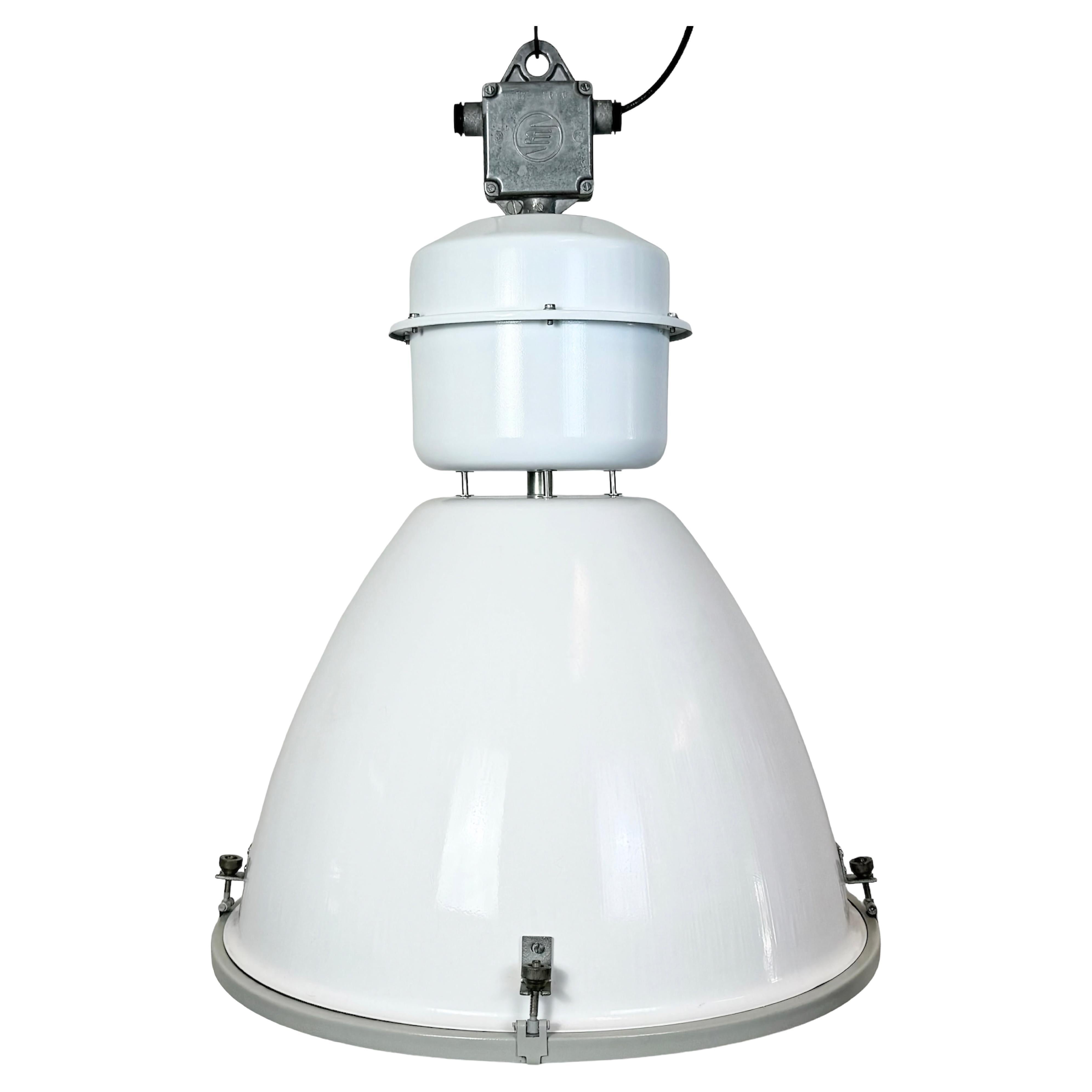 Large White Enamel Industrial Factory Lamp with Glass Cover, 1990s For Sale