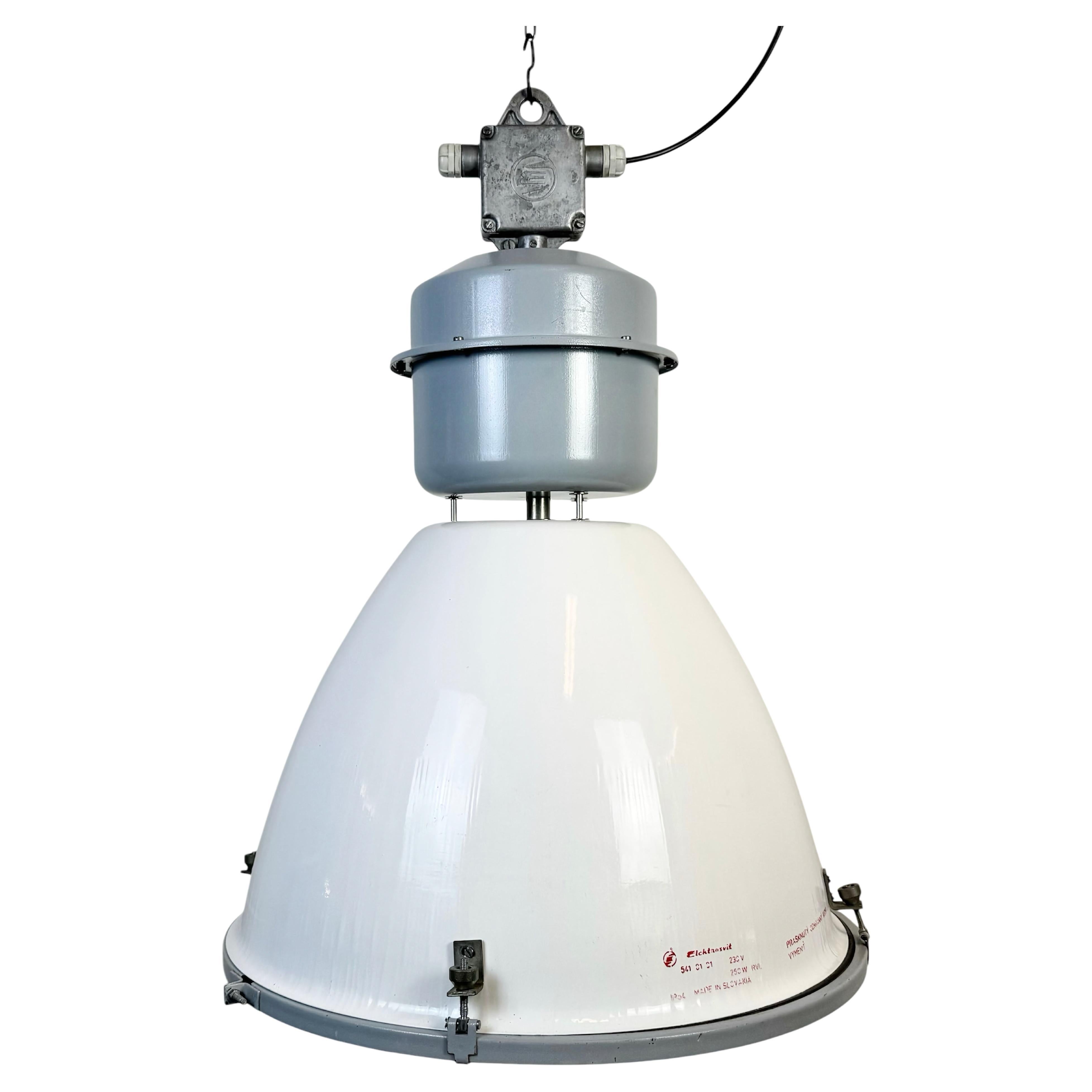 Large White Enamel Industrial Lamp with Clear Glass Cover from Elektrosvit