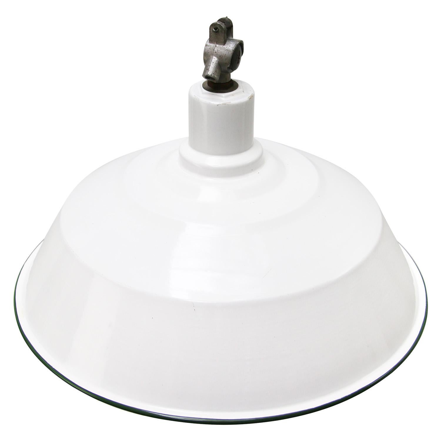 American industrial factory pendant light by Benjamin USA
White enamel, white interior.
Metal top

Weight 3.10 kg / 6.8 lb

Priced per individual item. All lamps have been made suitable by international standards for incandescent light bulbs,