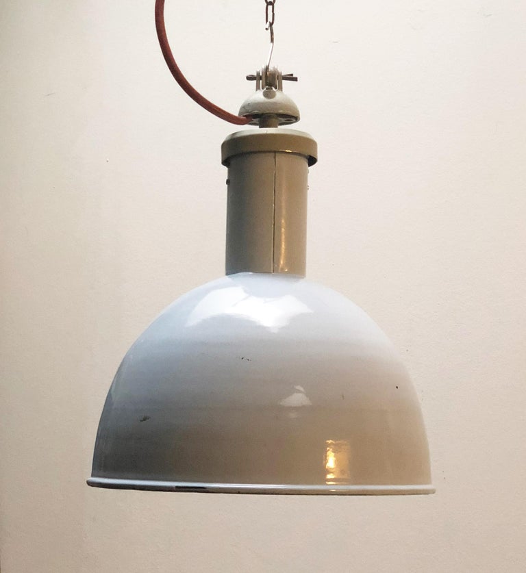 Austrian Large White Enameled Factory, Industrial Pendant Lamp For Sale