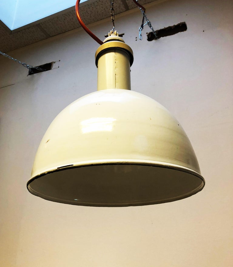 Large White Enameled Factory, Industrial Pendant Lamp For Sale 3