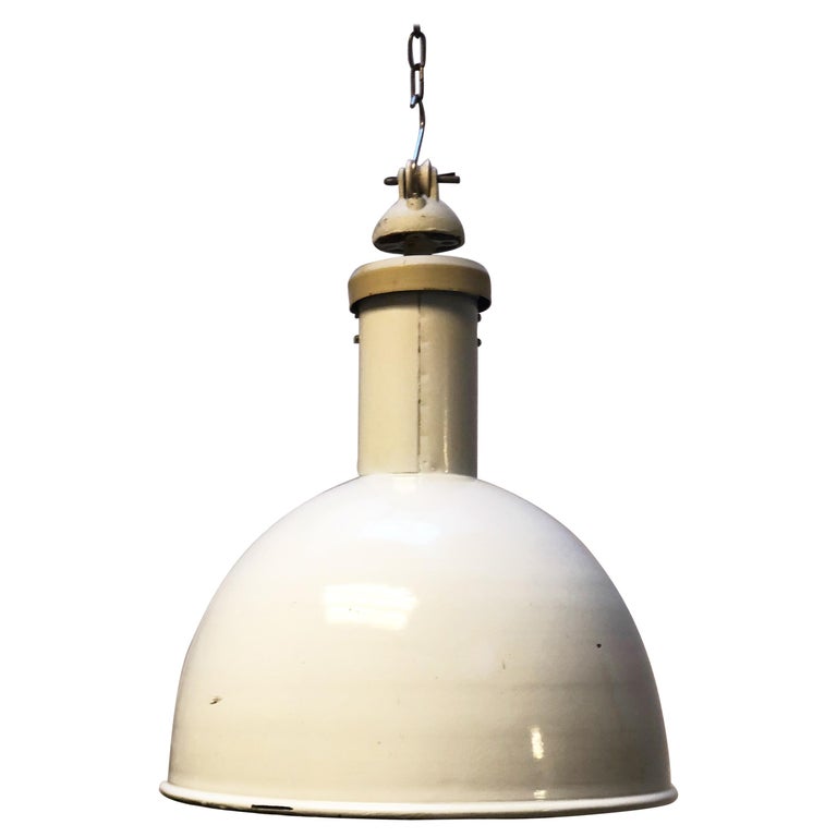 Large White Enameled Factory, Industrial Pendant Lamp For Sale