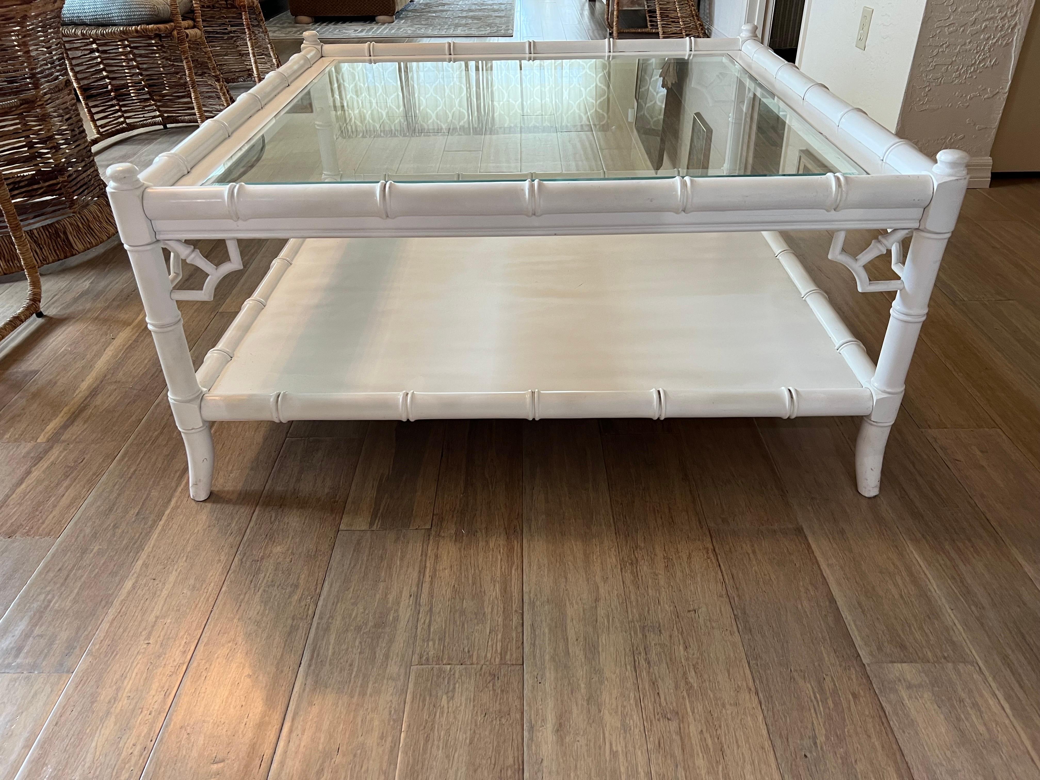 Chinoiserie Large White Faux Bamboo Coffee Table by Thomasville