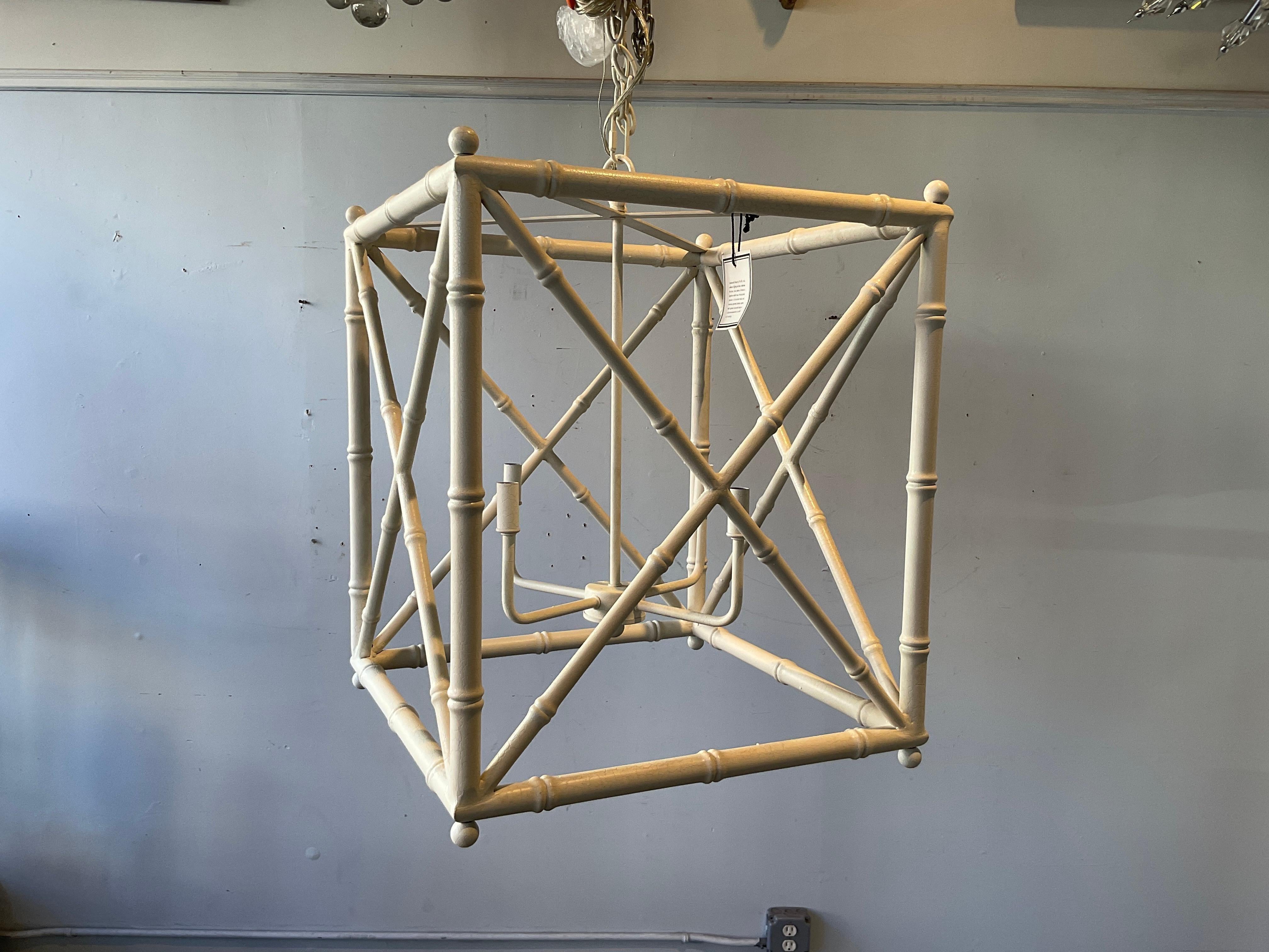 Large White Faux Bamboo Square Chandelier by Scalamandre Maison by Port 68 In Good Condition For Sale In Tarrytown, NY