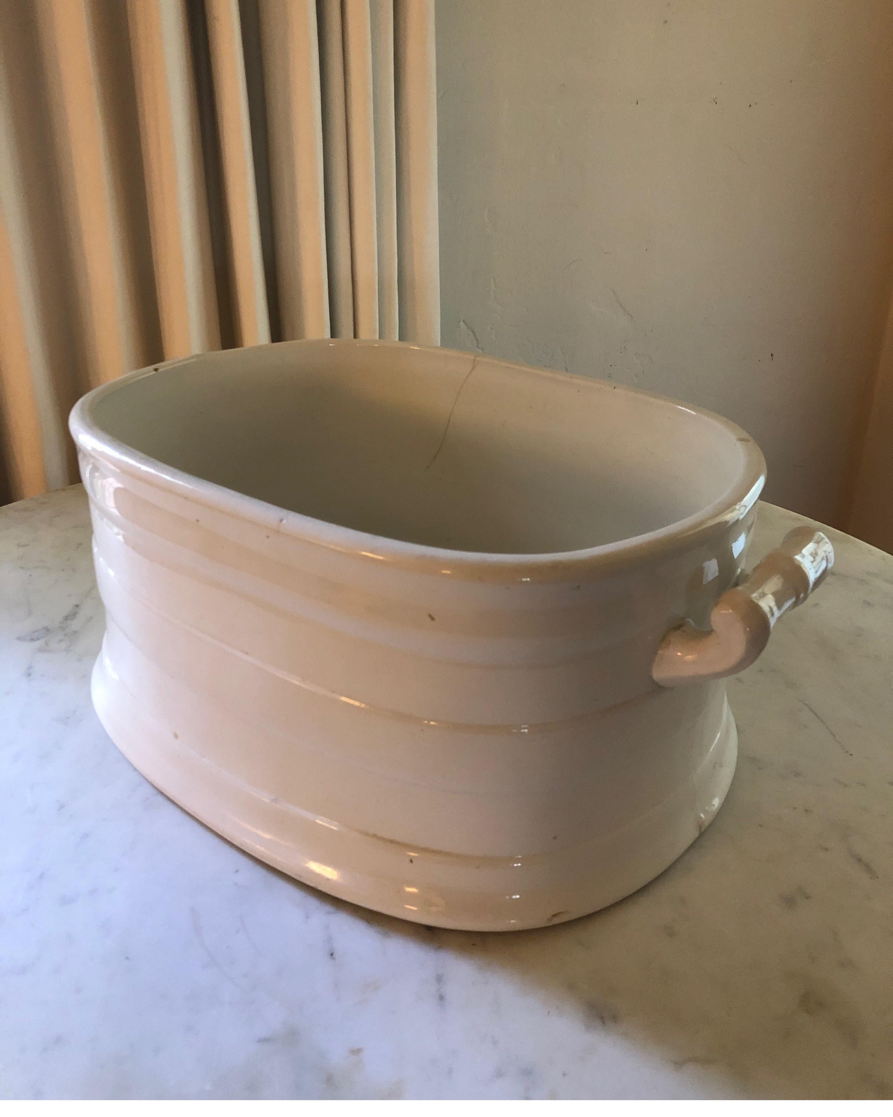 Large White French Porcelain Champagne Cooler/Ice Bucket/Planter with Handles In Good Condition In Los Angeles, CA
