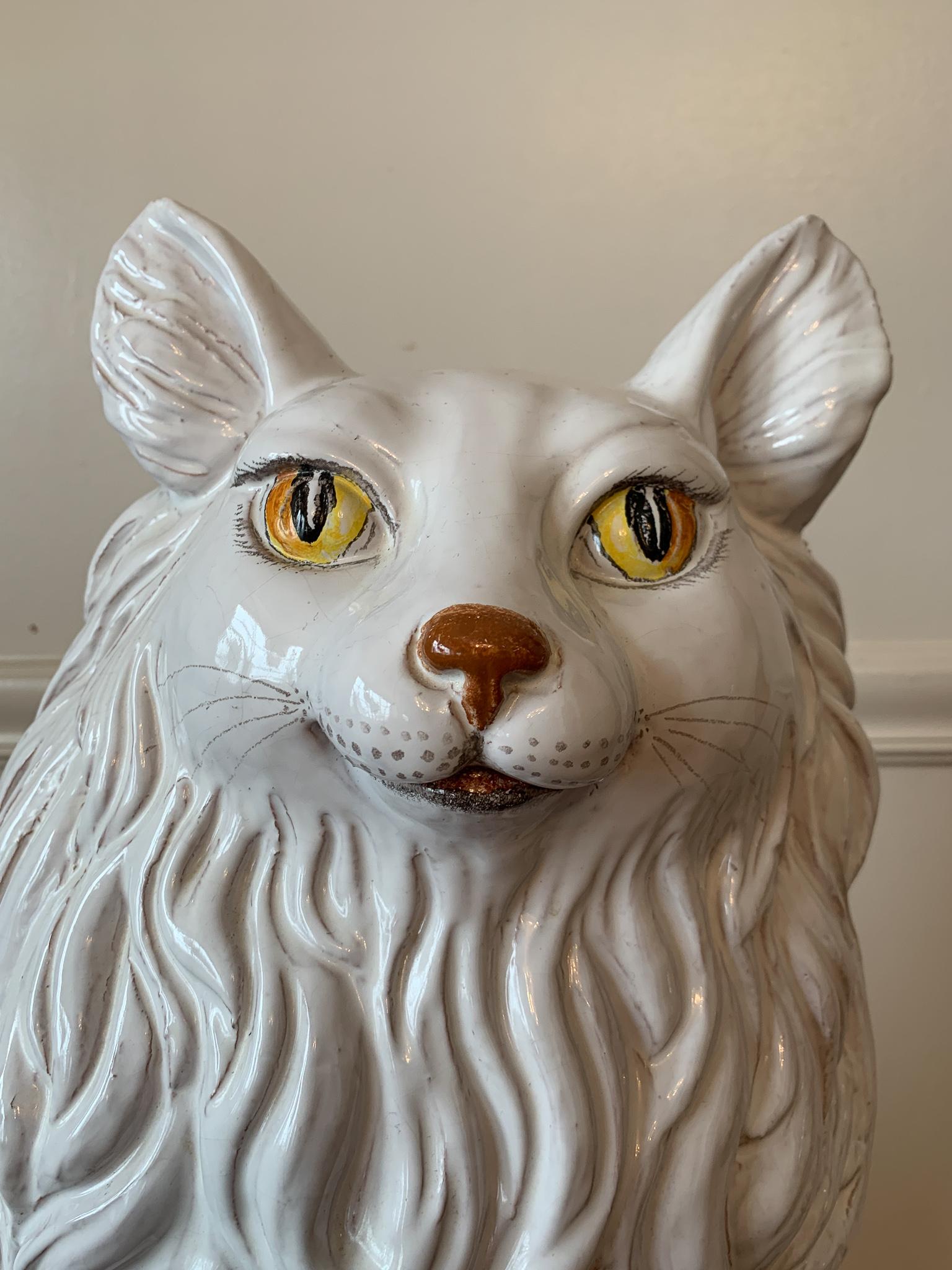 Italian Large White Glazed Ceramic Seated Cat or Fox Sculpture Italy, Mid-Century 1960s For Sale