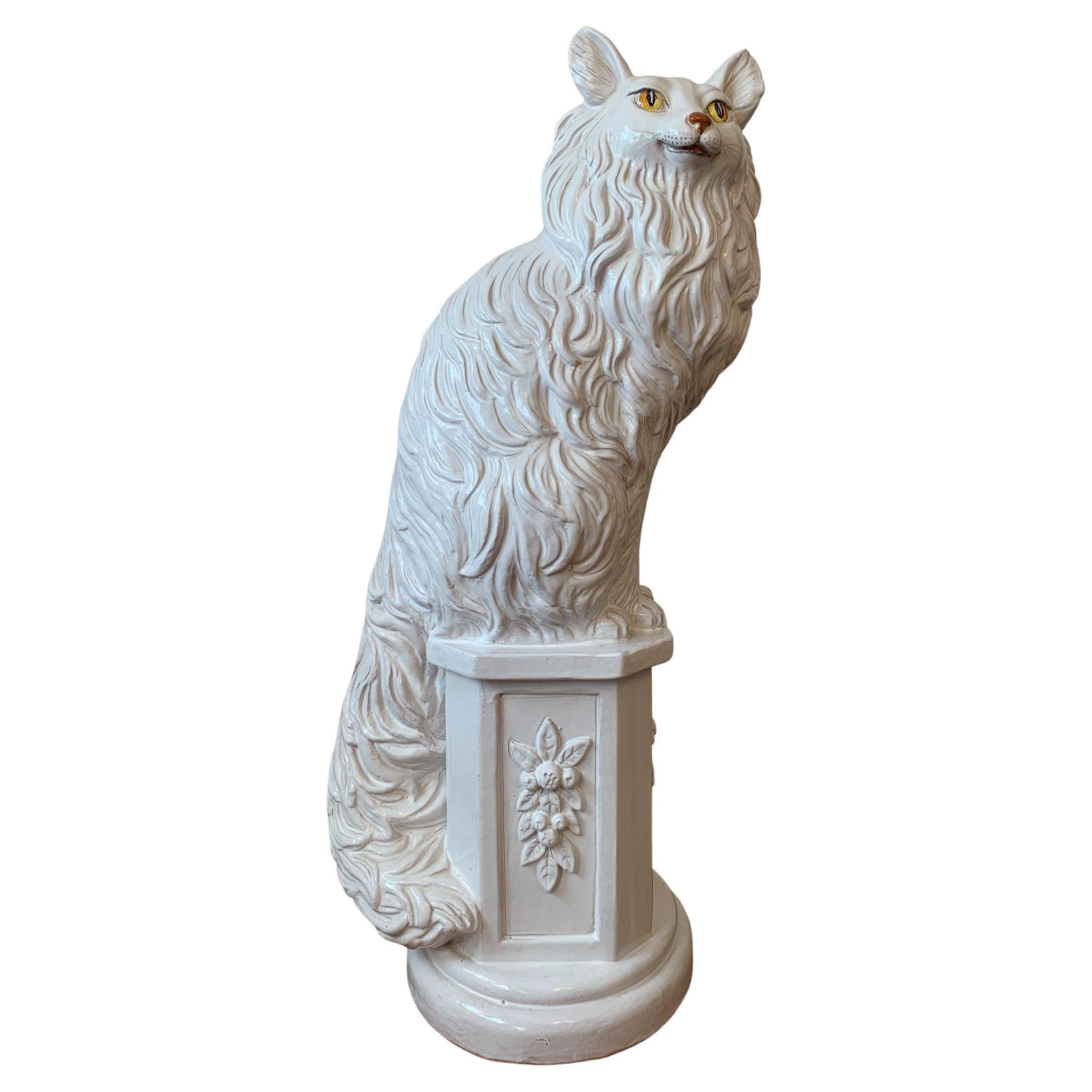 Large White Glazed Ceramic Seated Cat or Fox Sculpture Italy, Mid-Century 1960s For Sale