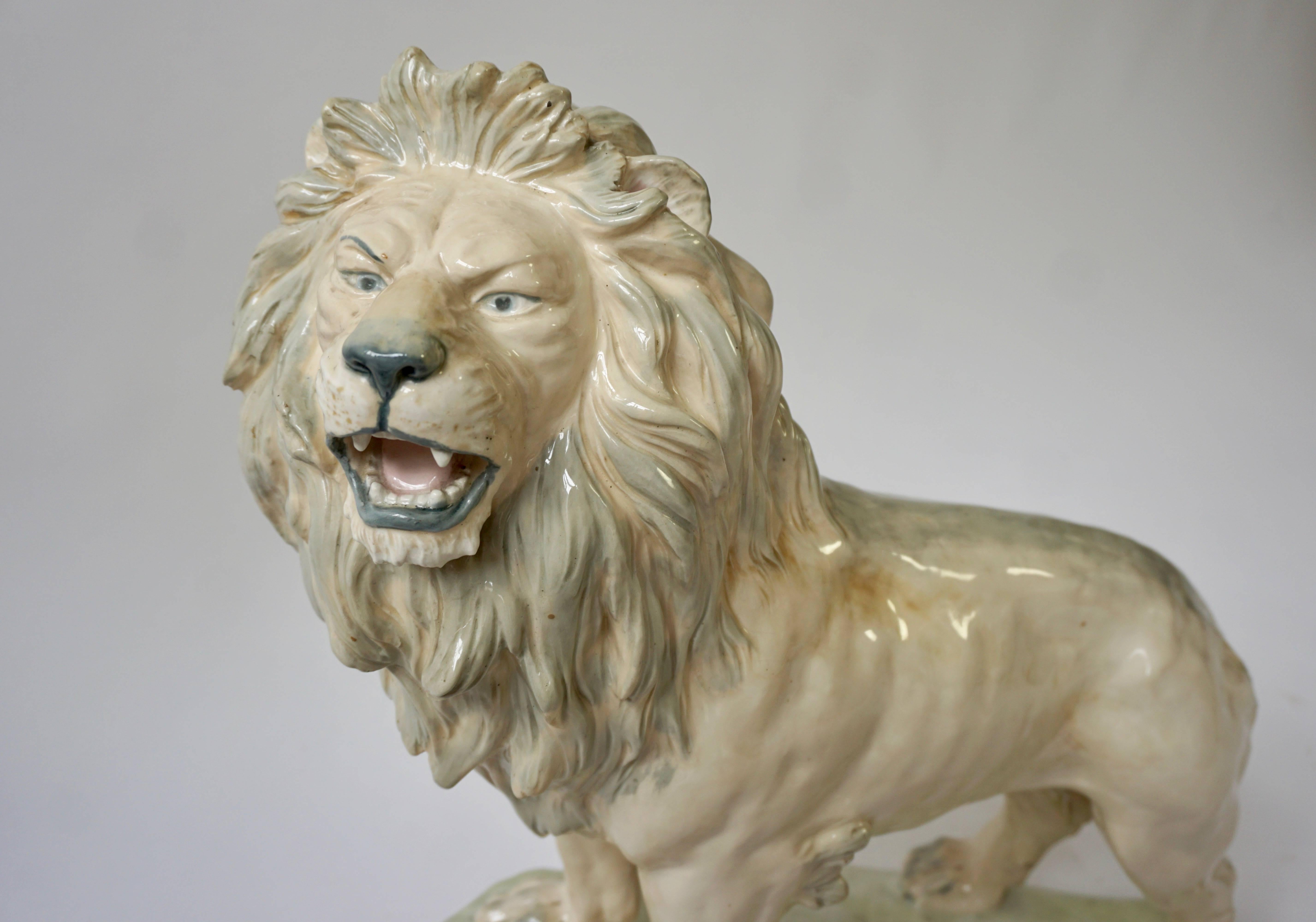 Italian Large White Glazed Pottery Lion Sculpture For Sale