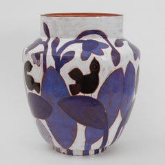 Large white glazed vase with black birds & blue leaves by Beatriz Garrigo, 2021