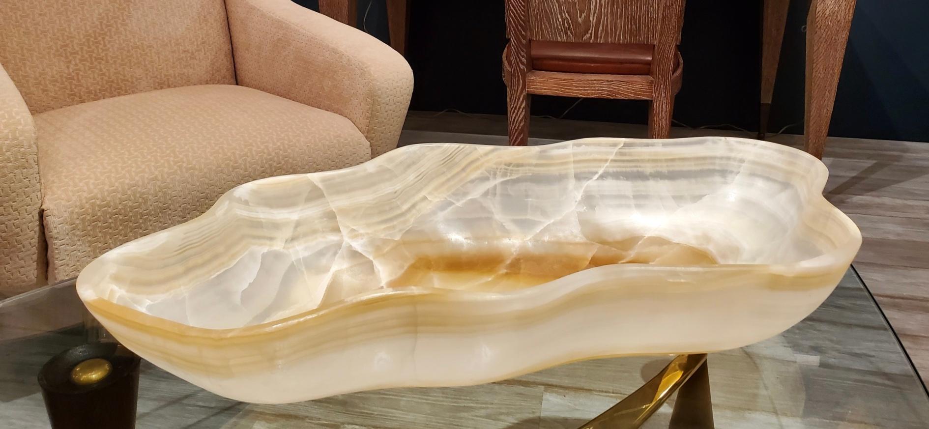 Large White, Gold and Rust Hand Carved Onyx Bowl or Centerpiece In Excellent Condition In New York, NY