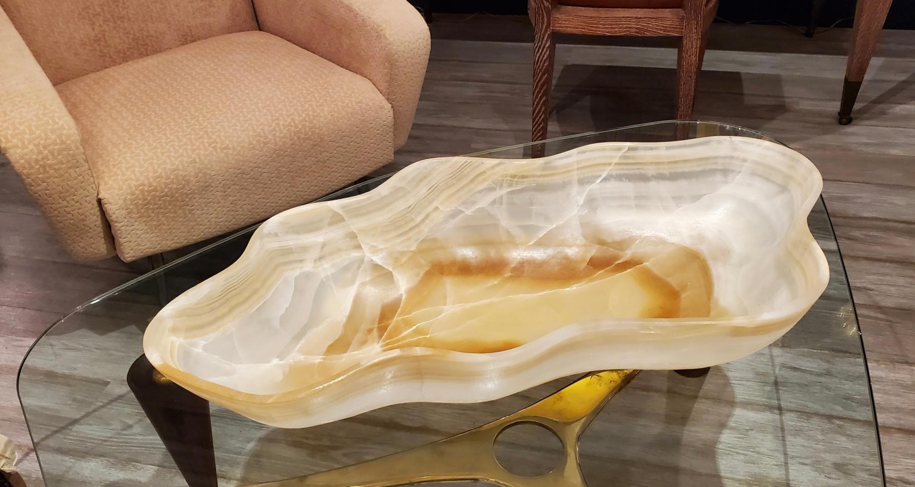 Contemporary Large White, Gold and Rust Hand Carved Onyx Bowl or Centerpiece