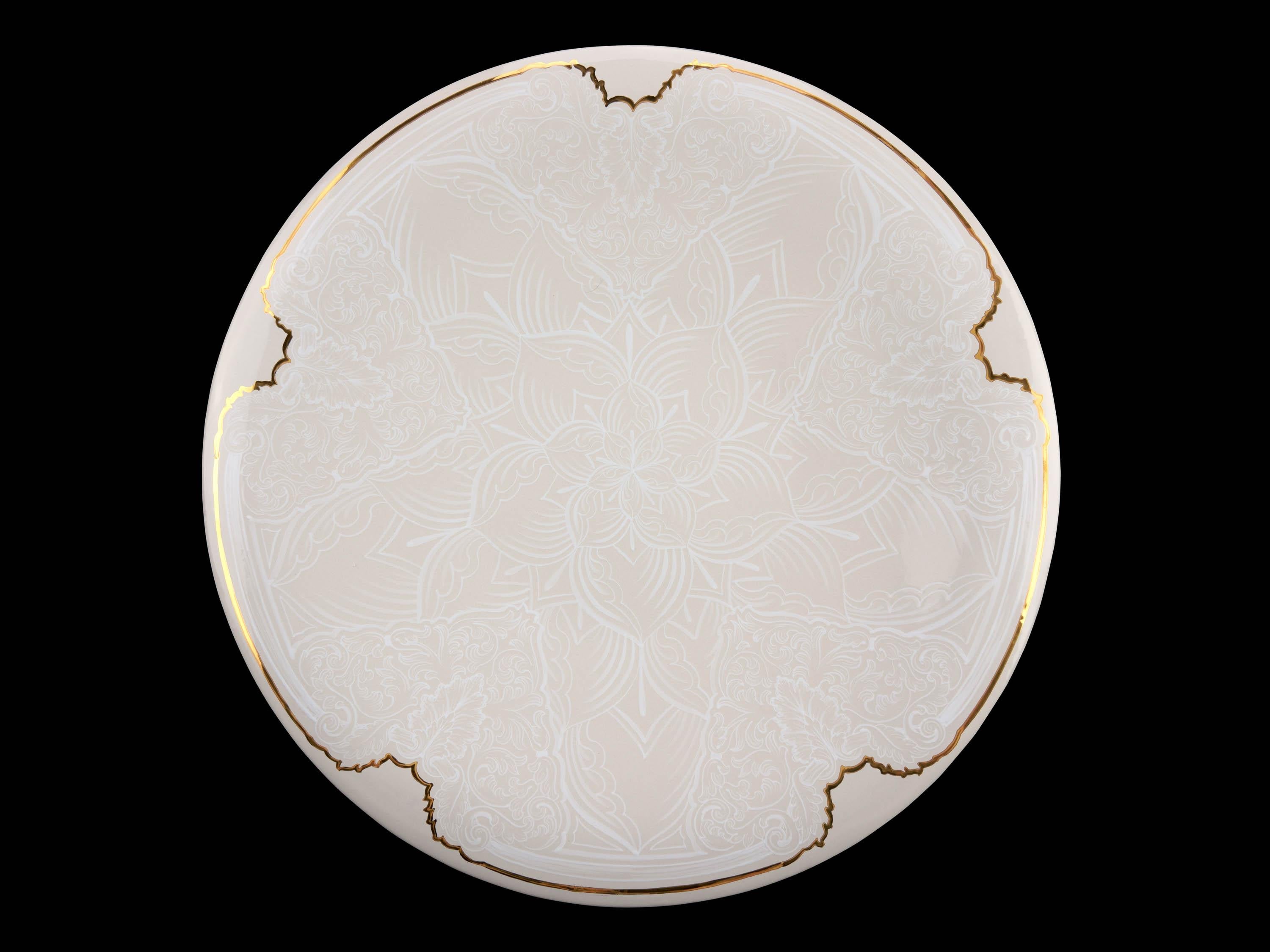 Large ceramic plate in white and gold luster, hand painted in Italy and handmade with the pottery wheel. This majolica plate can be used as a centerpiece, tray, fruit bowl, as a decorative wall plate. The particular tone-on-tone decoration,
