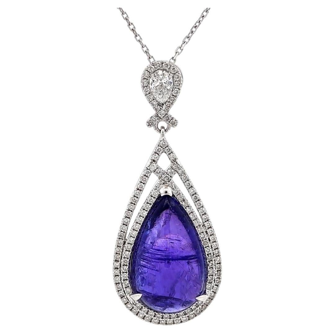 Large White Gold GIA Pear Tanzanite Diamond Dangle Teardrop Pendant Necklace For Sale