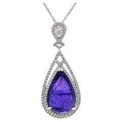 Large White Gold GIA Pear Tanzanite Diamond Dangle Teardrop Pendant Necklace
