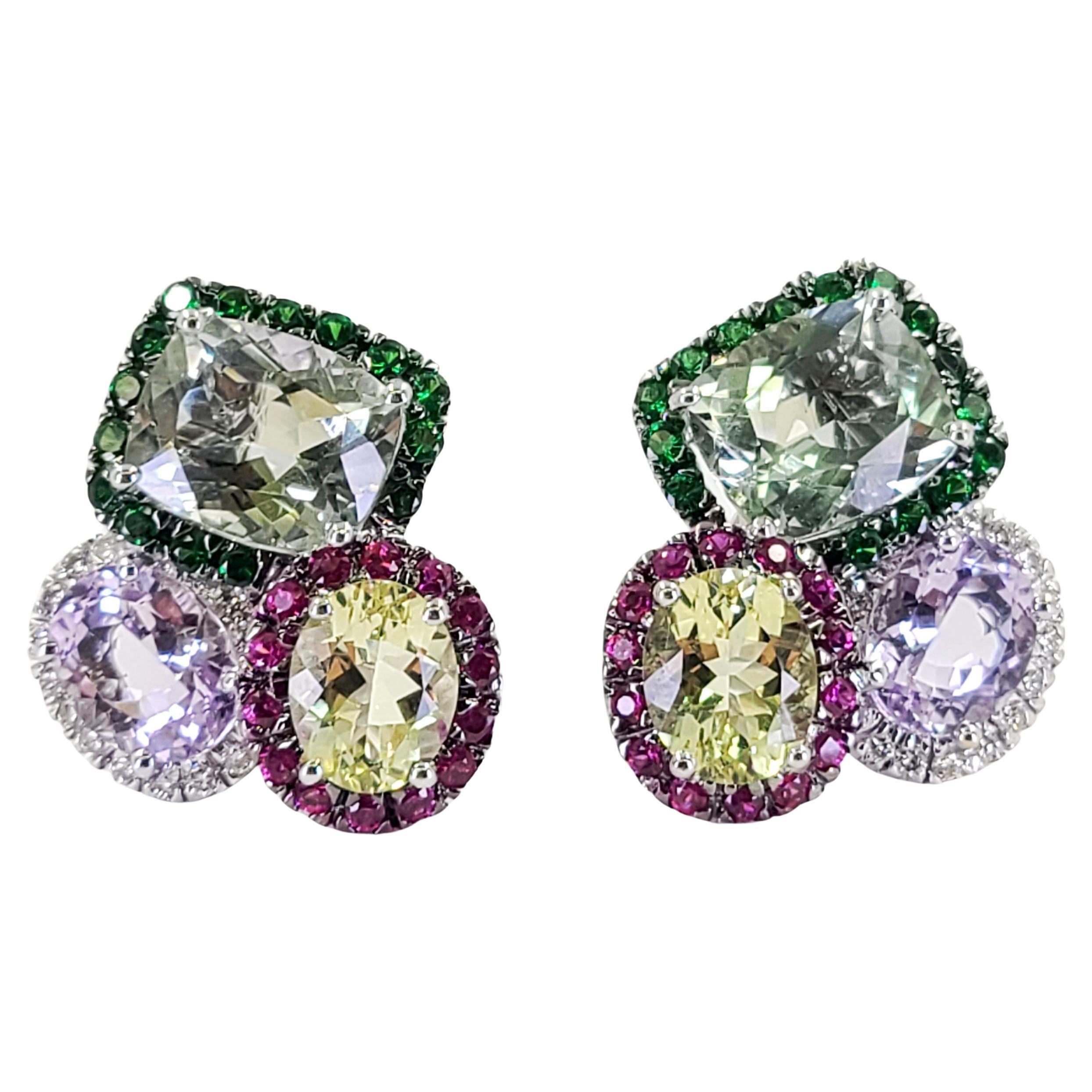 Large White Gold Multicolor Gemstone and Diamond Cocktail Earrings