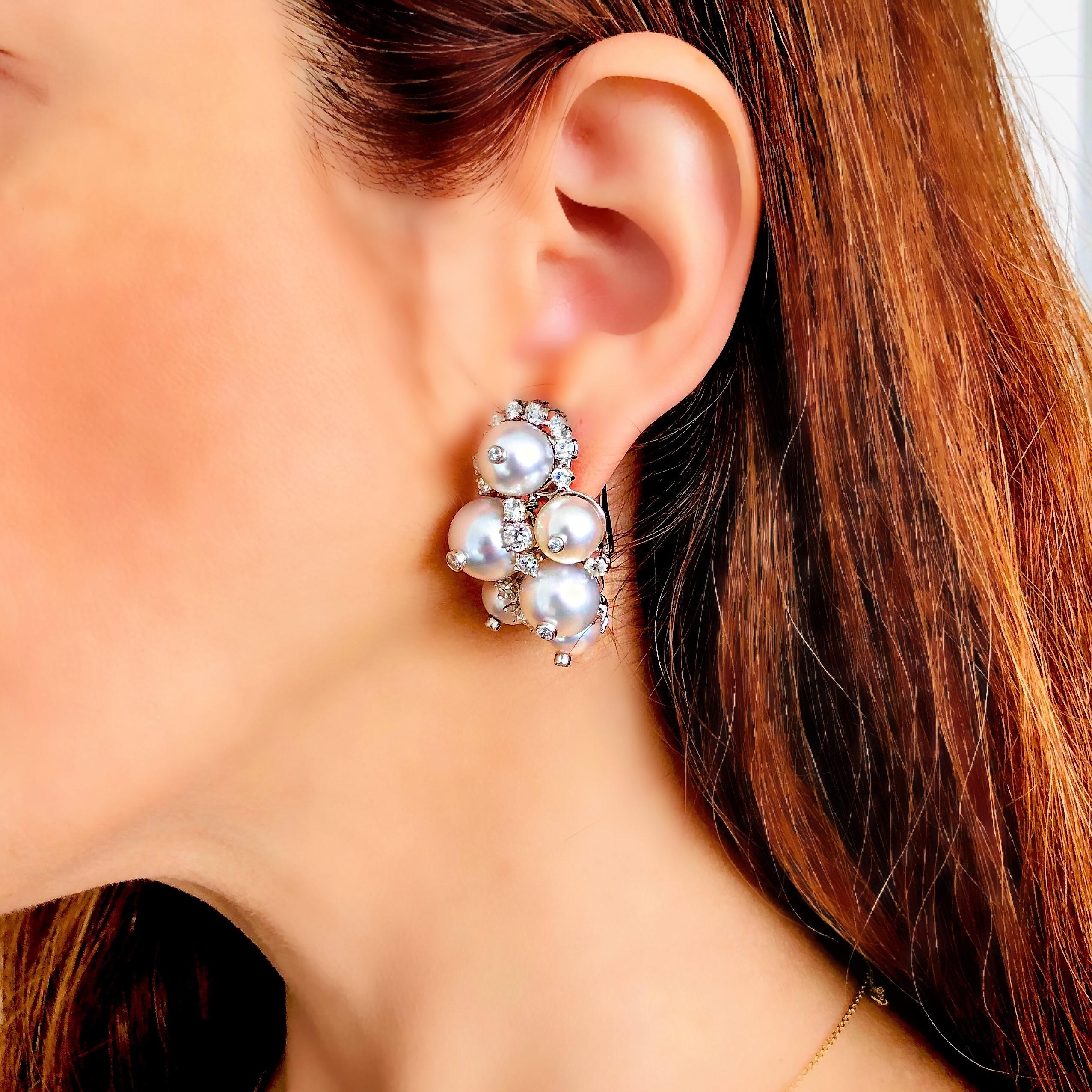 Brilliant Cut Extra Large White Gold Pearl and Diamond Cocktail Earrings