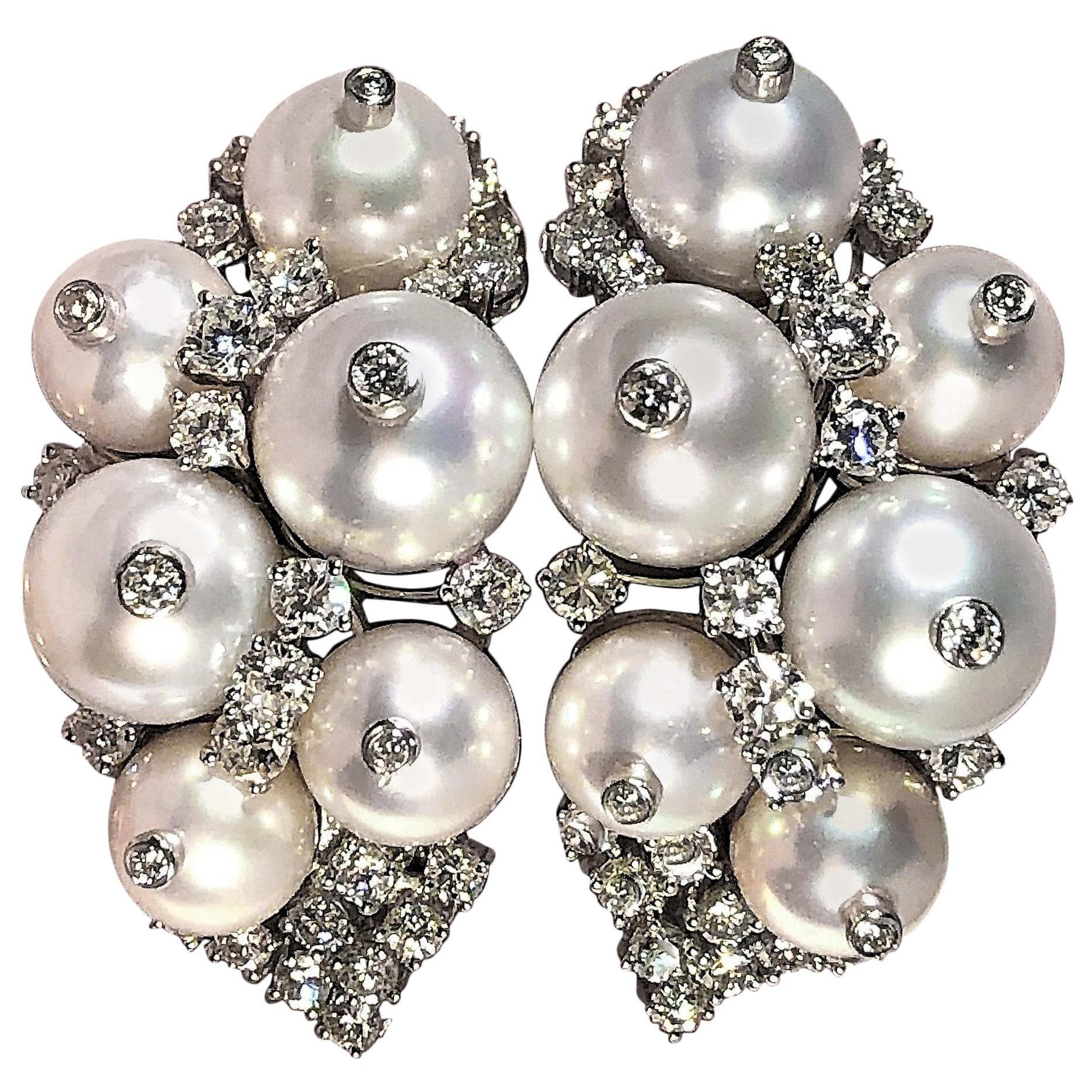 Extra Large White Gold Pearl and Diamond Cocktail Earrings