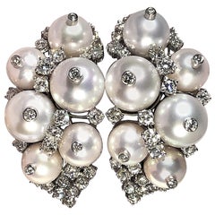 Extra Large White Gold Pearl and Diamond Cocktail Earrings