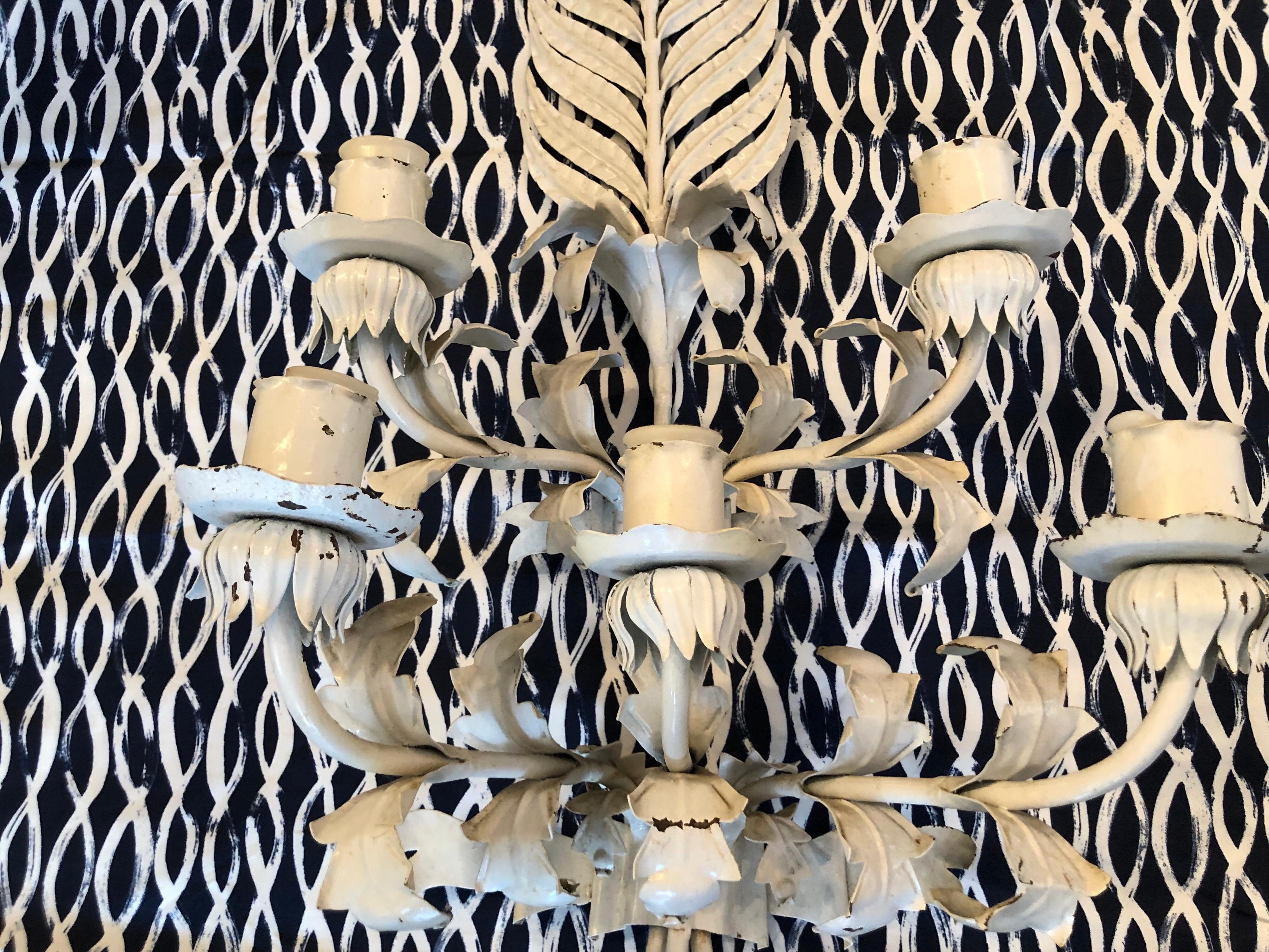 Huge White Hollywood Regency Iron wall Sconce In Good Condition For Sale In Redding, CT