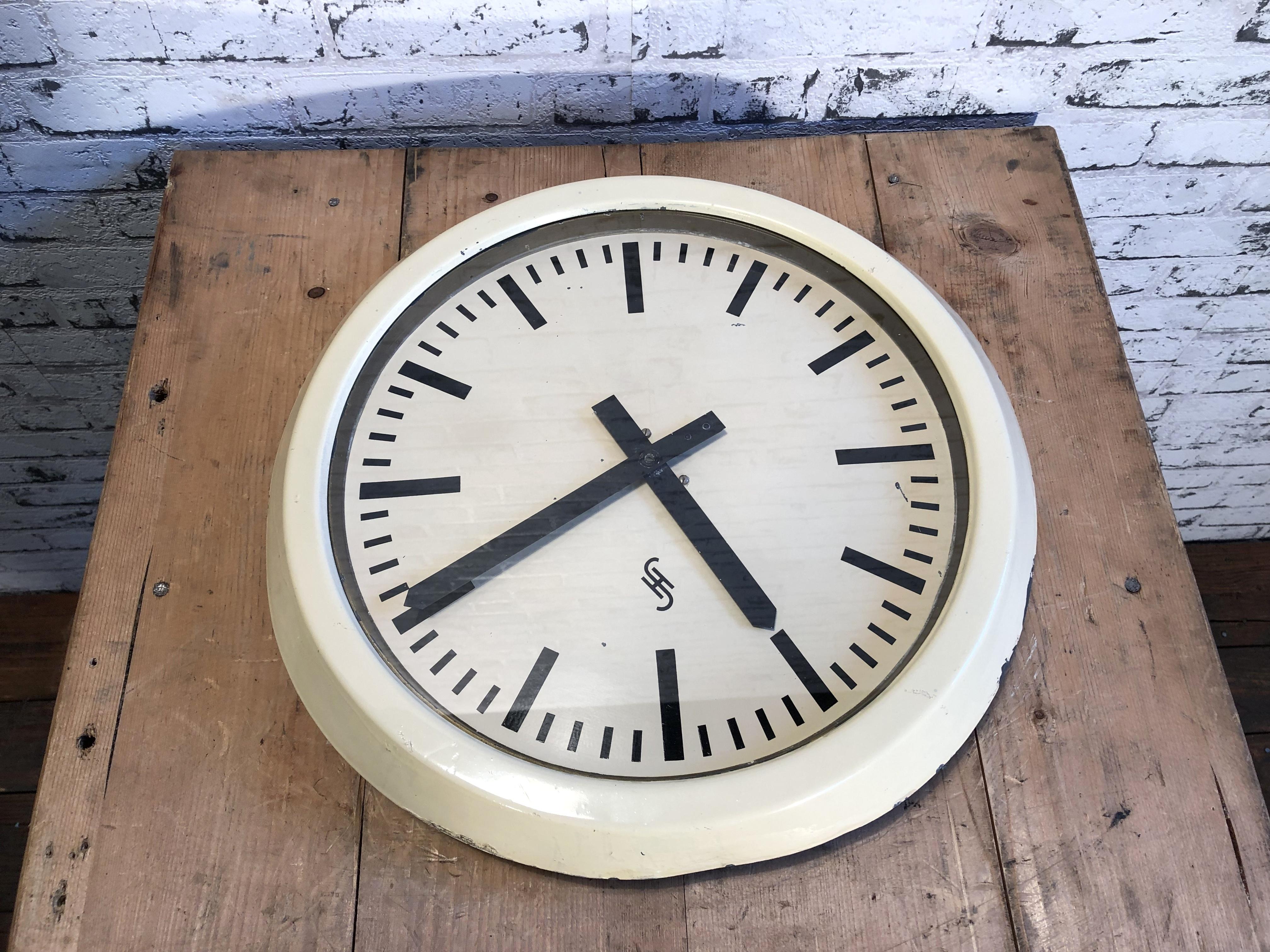 Lacquered Large White Industrial Factory Wall Clock From Siemens, 1950s