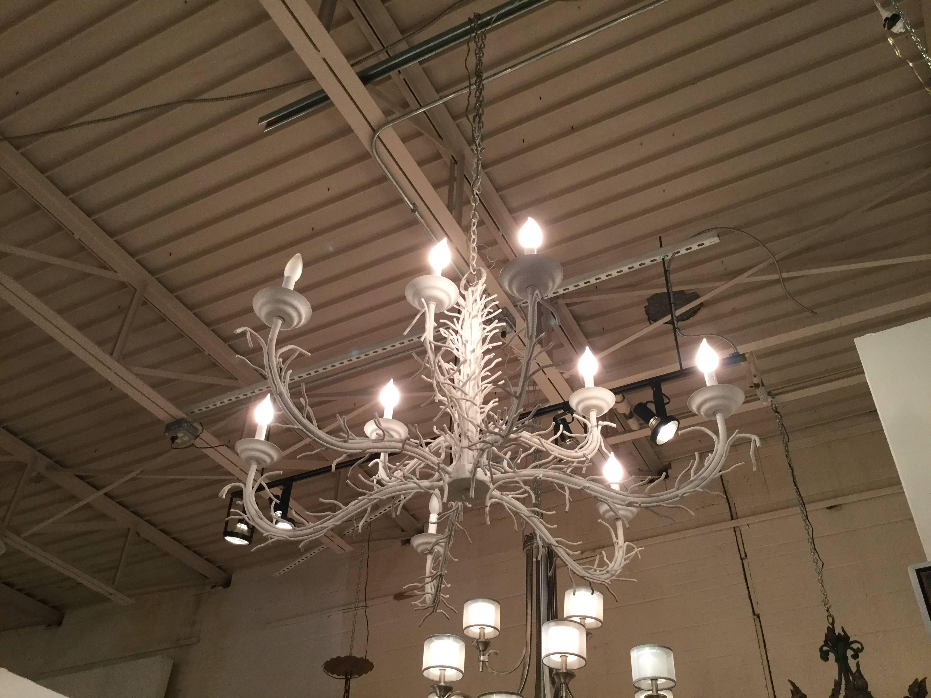 Large White Iron Nine-Light Coral Chandelier, circa 1970 In Good Condition In Houston, TX