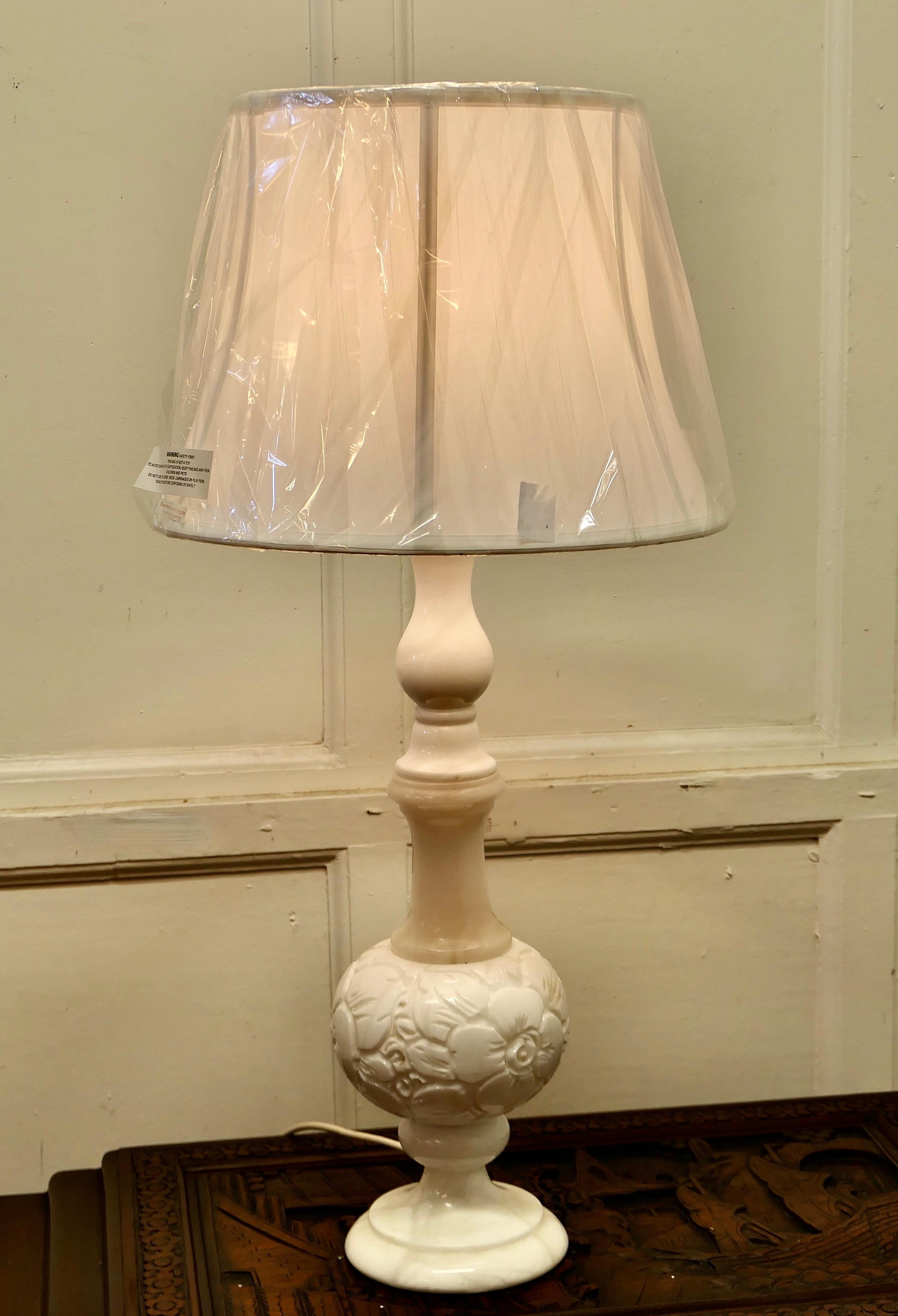 Large White Marble Bulbous carved table lamp

This is a very heavy piece it is made in solid marble, the lamp has a shaped carved central column with very fine marbling 
This is a very attractive piece it in good condition for its age and the
