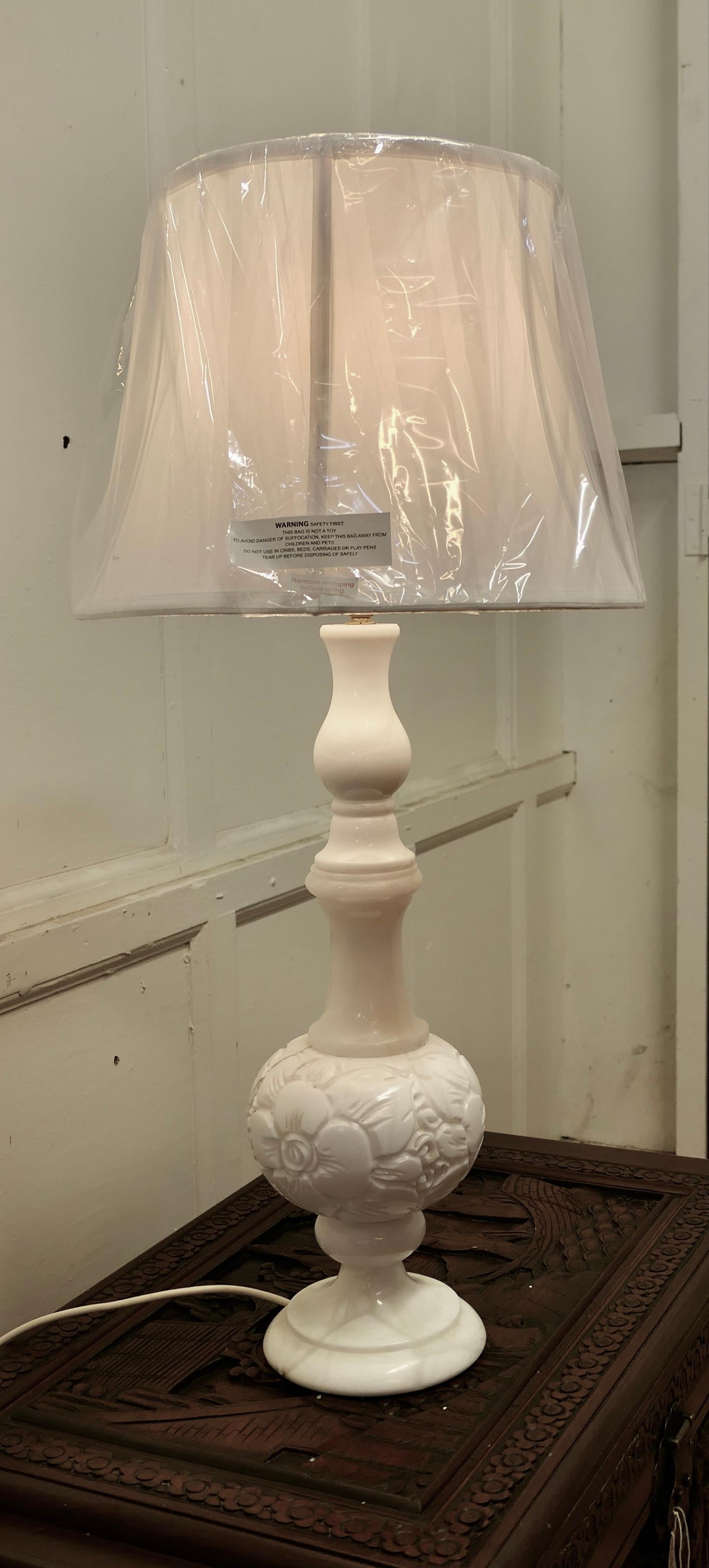 Large White Marble Bulbous Carved Table Lamp For Sale 1
