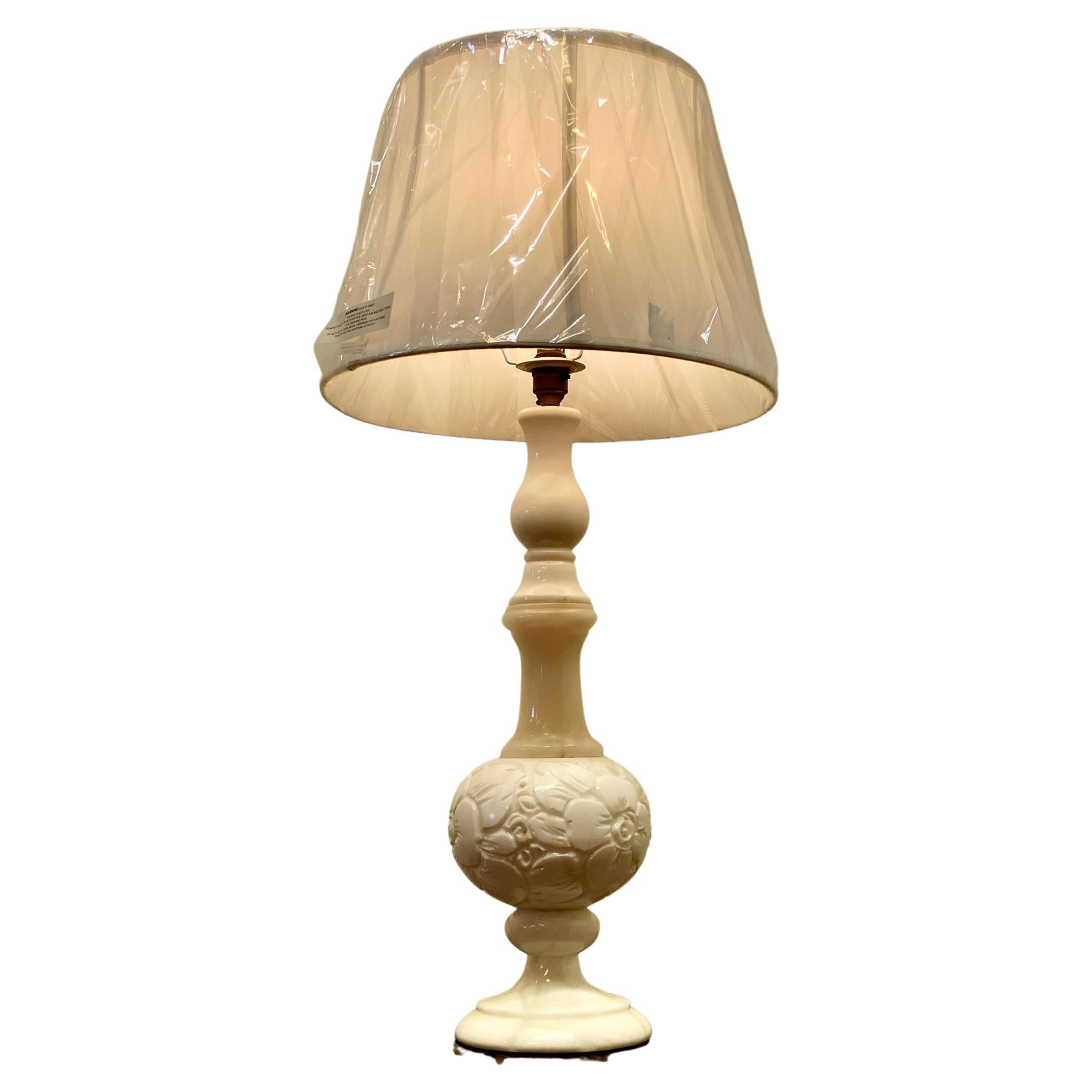 Large White Marble Bulbous Carved Table Lamp For Sale