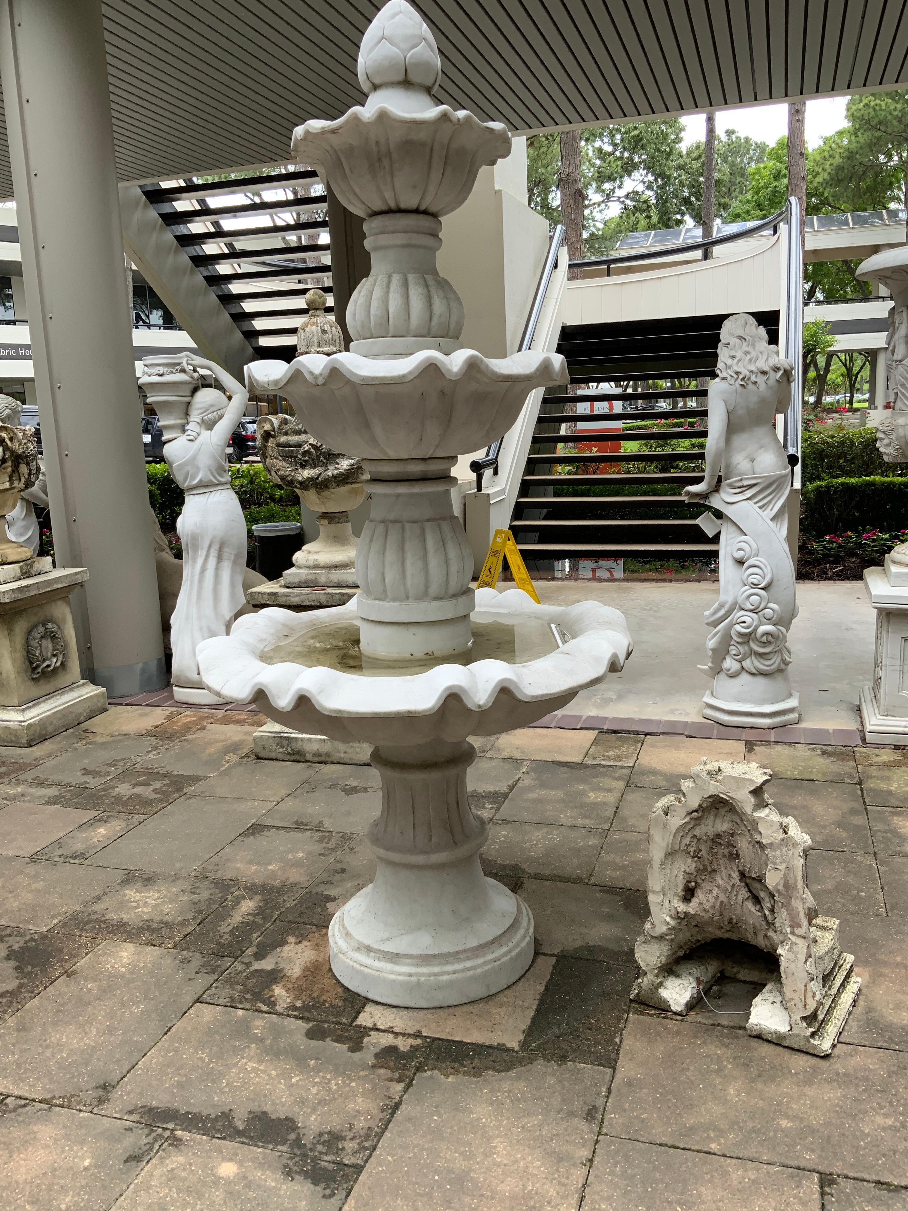 Hand-Carved Large White Marble Fountain with Three Tiers, Hand Carved For Sale