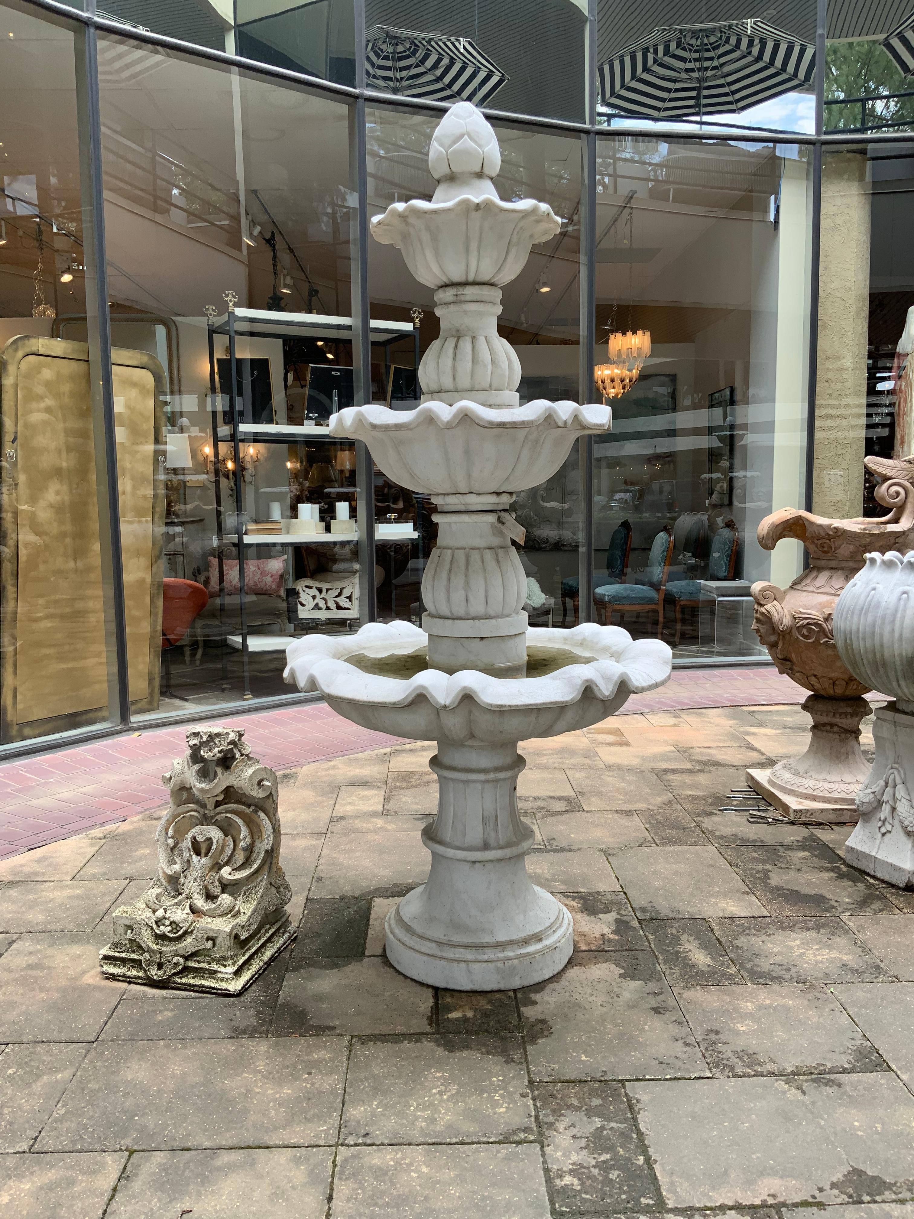 Large White Marble Fountain with Three Tiers, Hand Carved In New Condition For Sale In Houston, TX