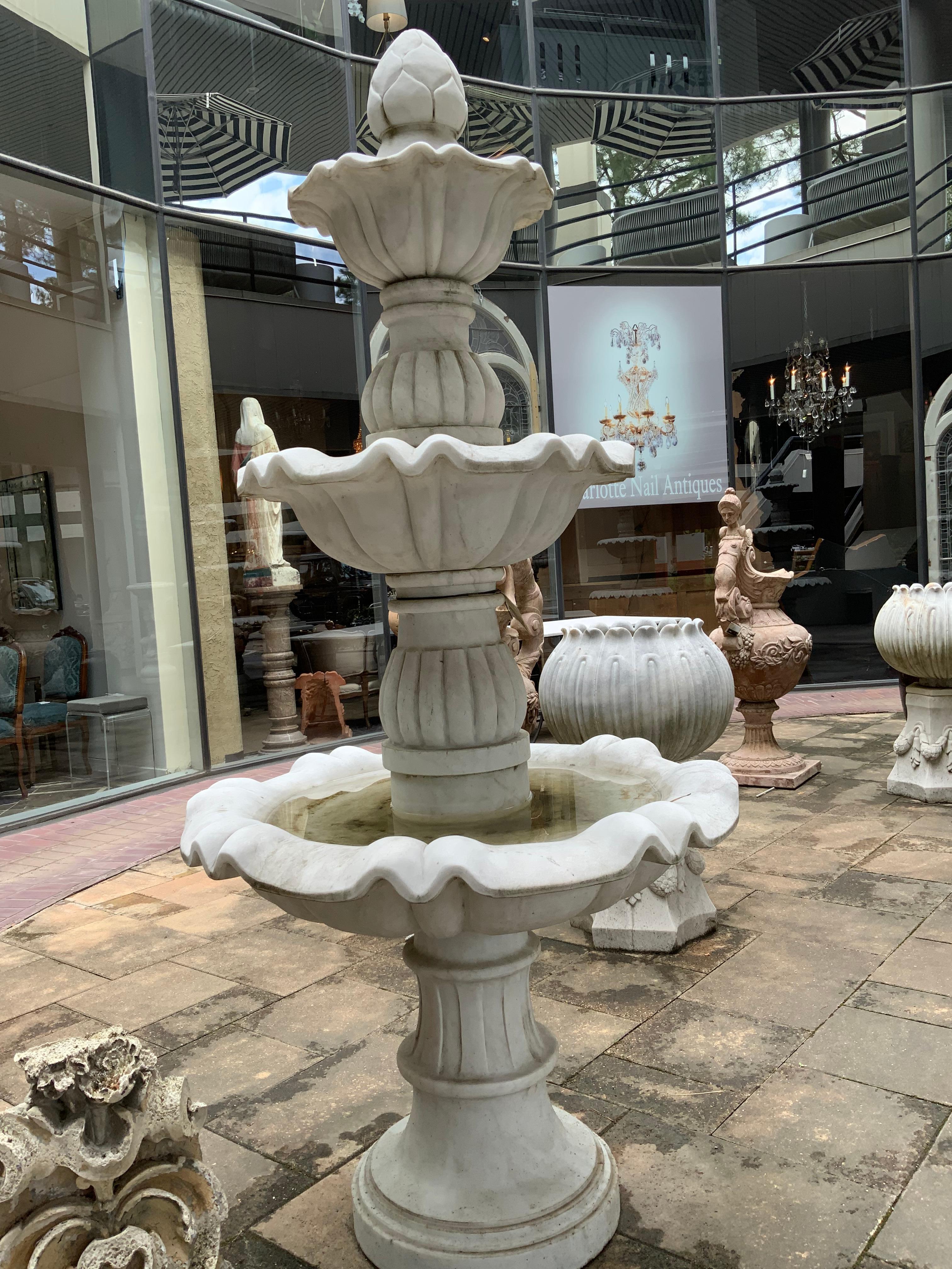 Contemporary Large White Marble Fountain with Three Tiers, Hand Carved For Sale