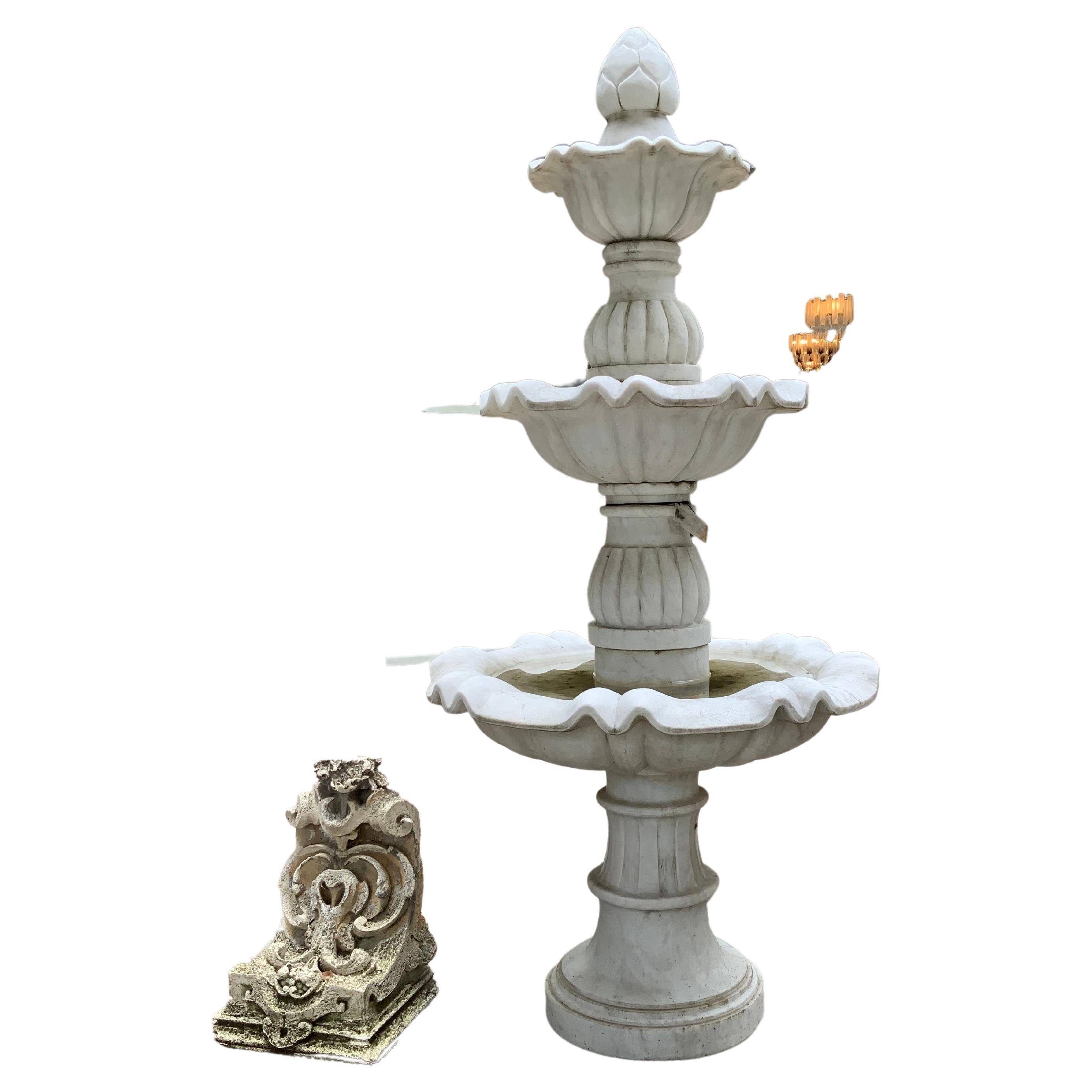 Large White Marble Fountain with Three Tiers, Hand Carved For Sale