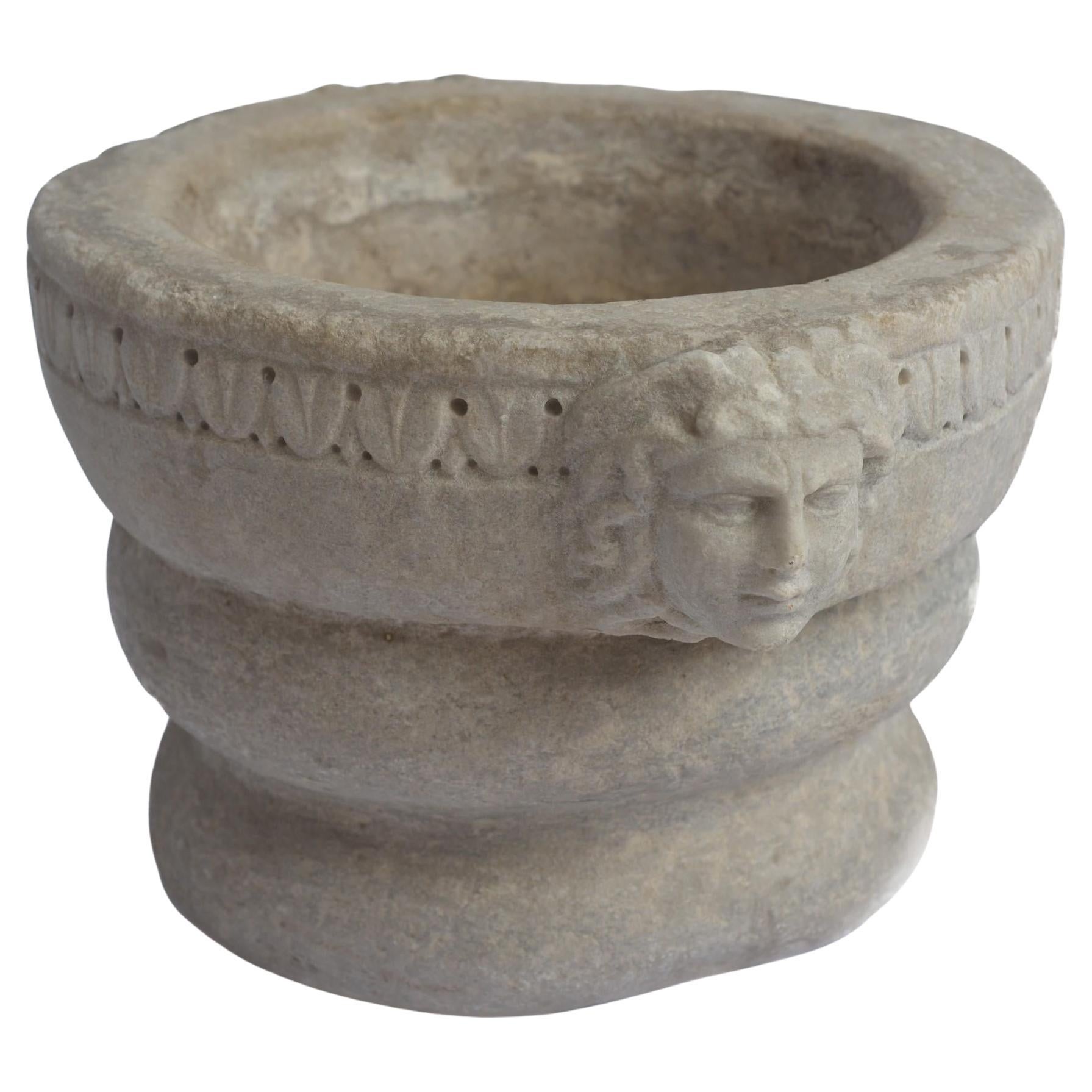 Large White Marble Mortar 16th Century with carved Lateral Mascarons.