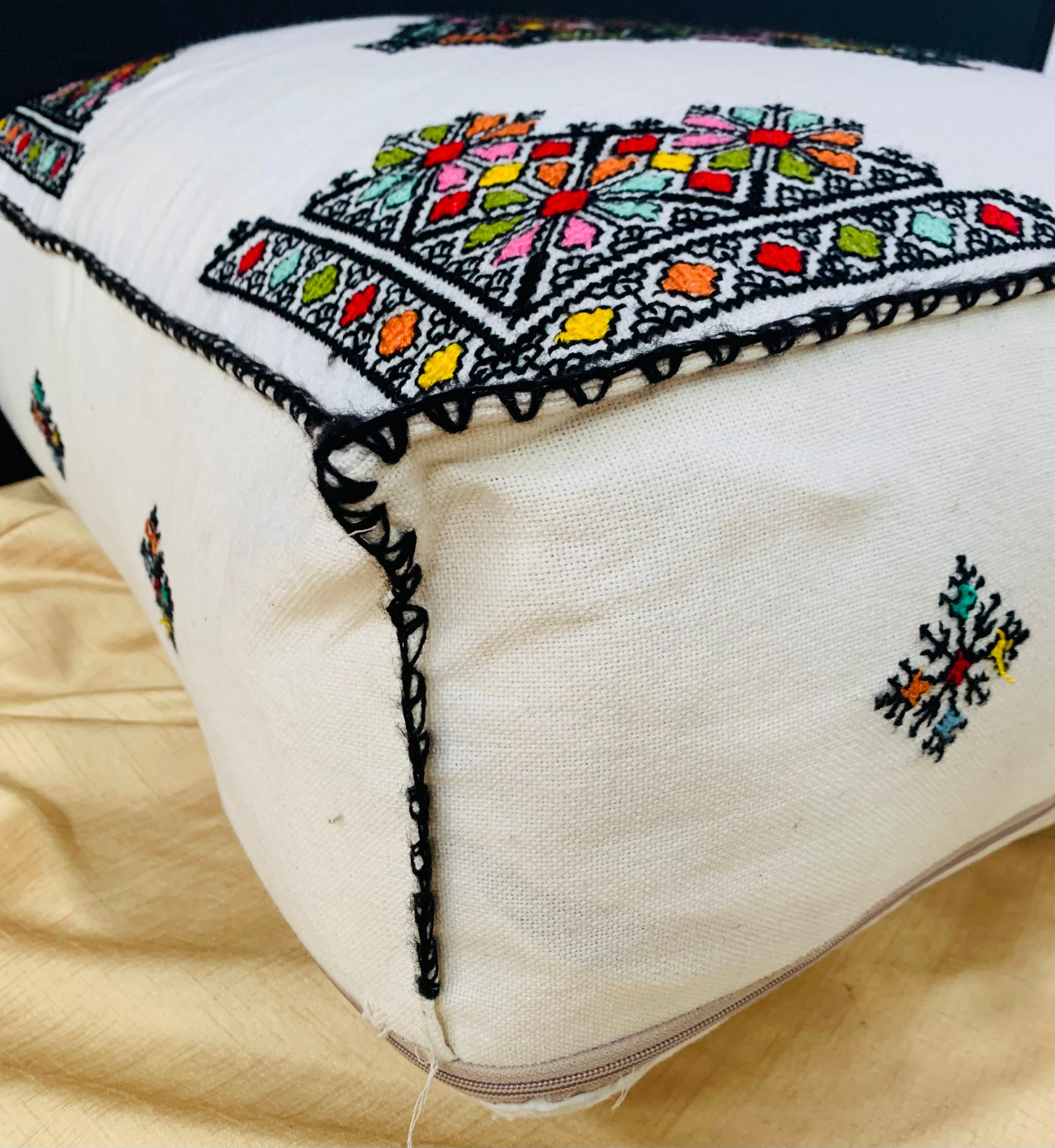 Moorish Large White Moroccan Hand Embroidered Ottoman, Cushion or Pouf For Sale