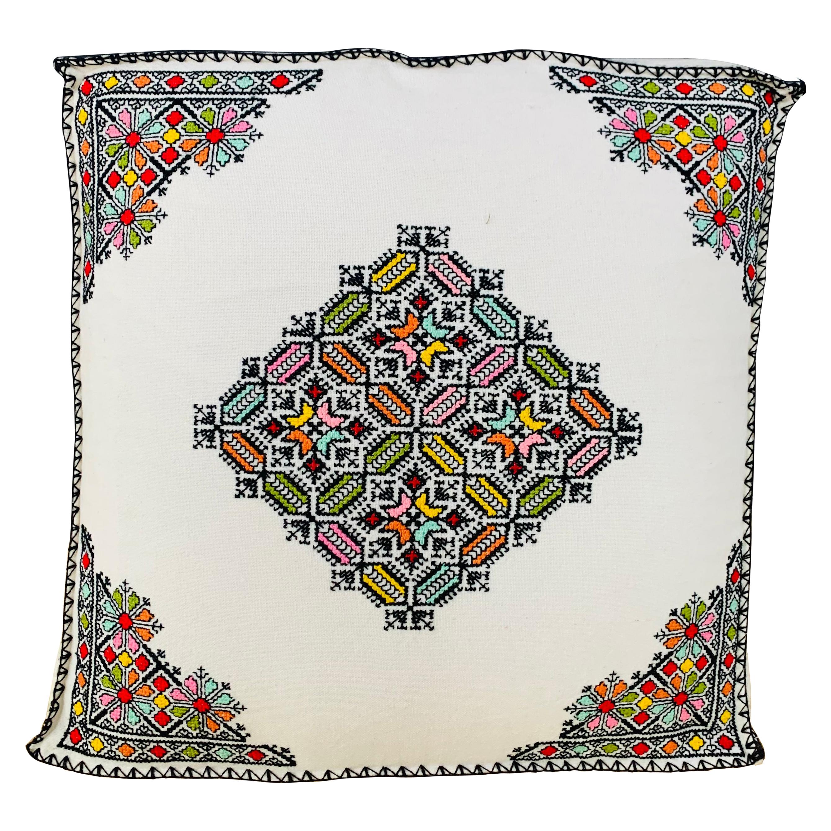 Large White Moroccan Hand Embroidered Ottoman, Cushion or Pouf For Sale