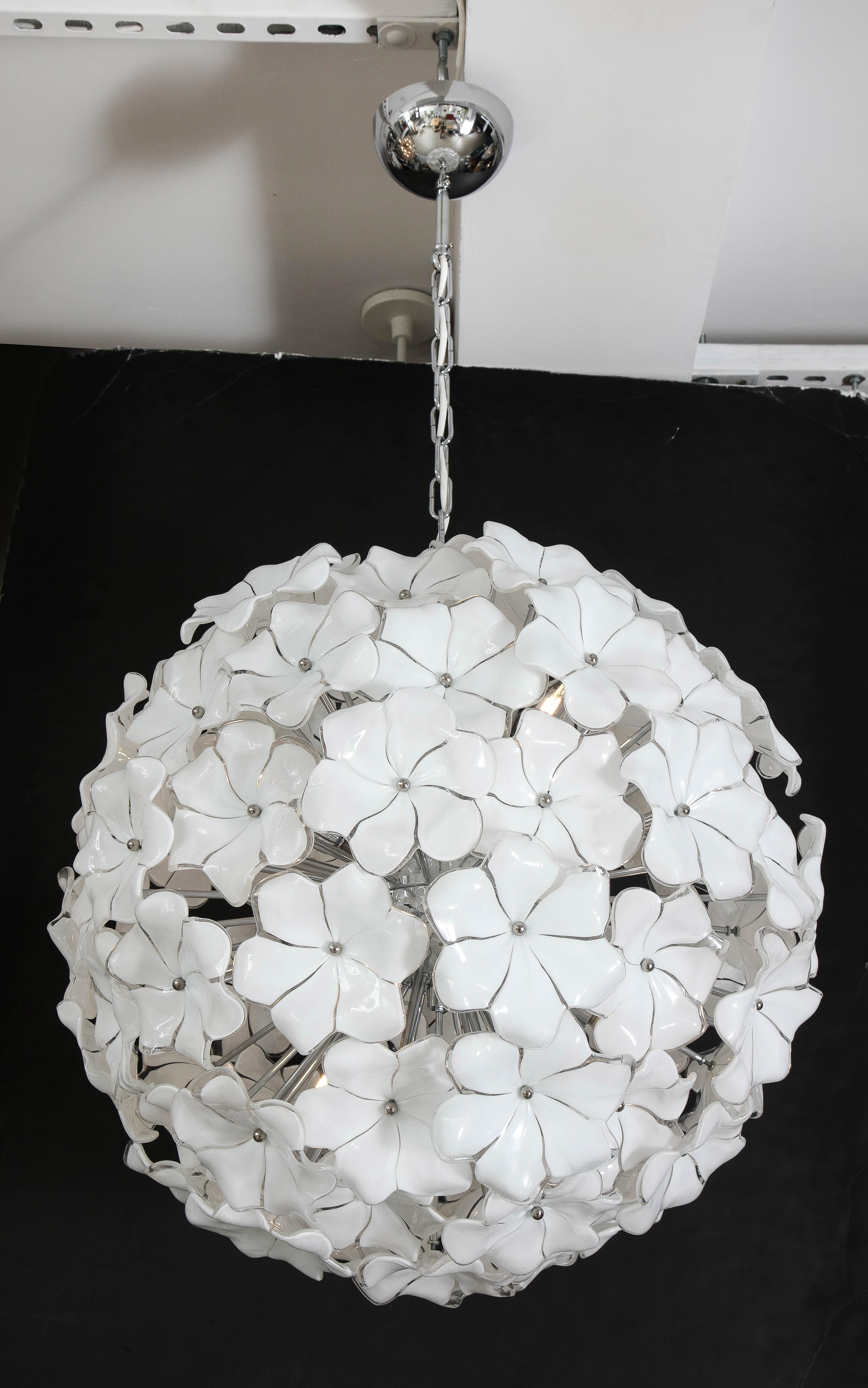 Italian Large White Murano Flower Glass Globe Chandelier by Cenedese For Sale