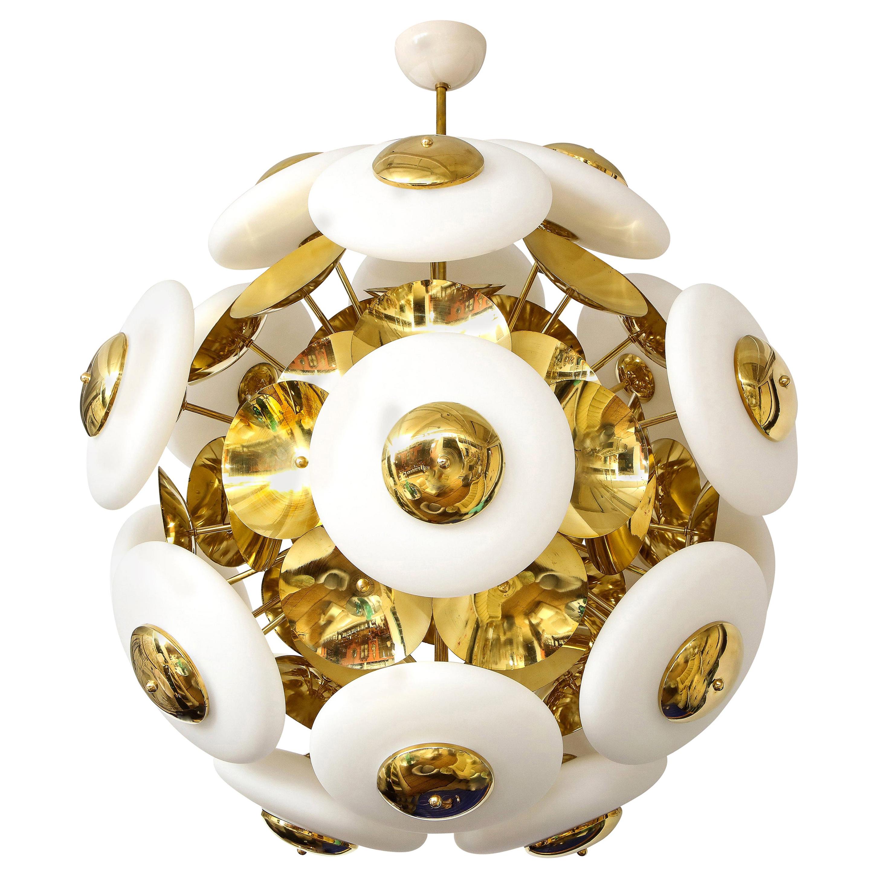 Large White Murano Glass and Brass Sphere Sputnik Round Chandelier, Italy