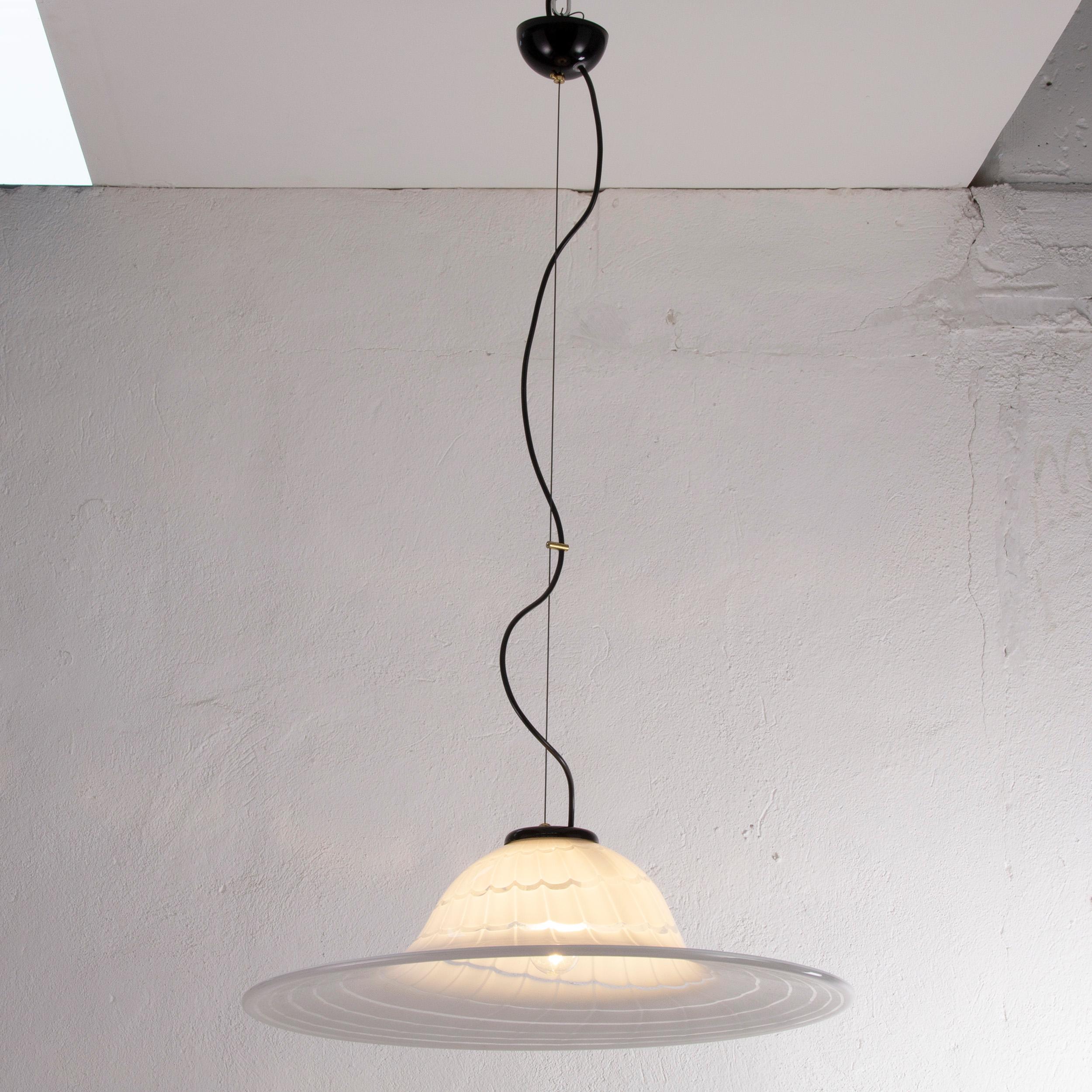 Italian Large White Murano Glass Pendant Lamp with Fenicio pattern made in Italy, 1970s For Sale