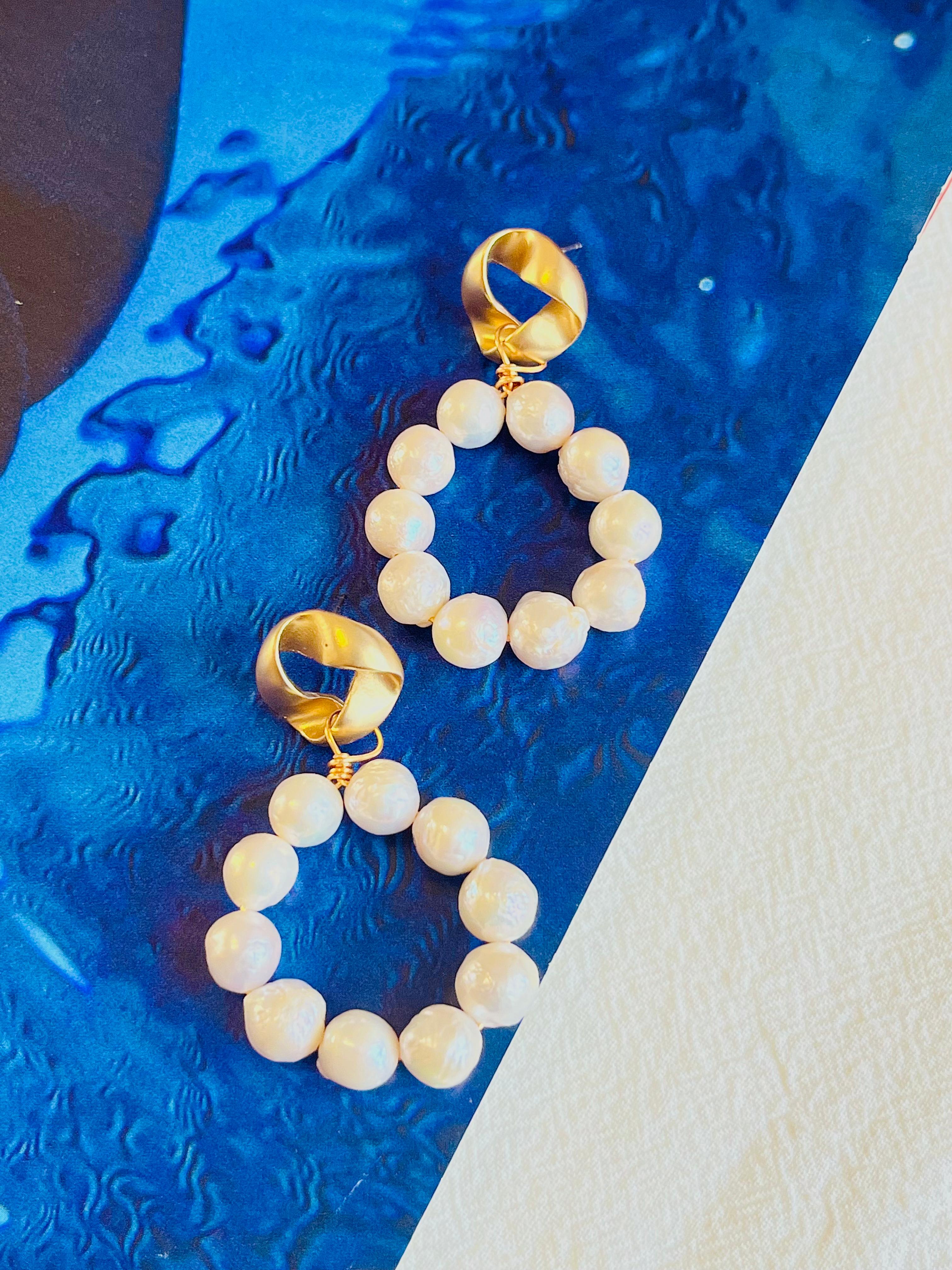Art Deco Large White Natural Pearls Circle Round Hoop Retro Pierced Drop Gold Earrings For Sale