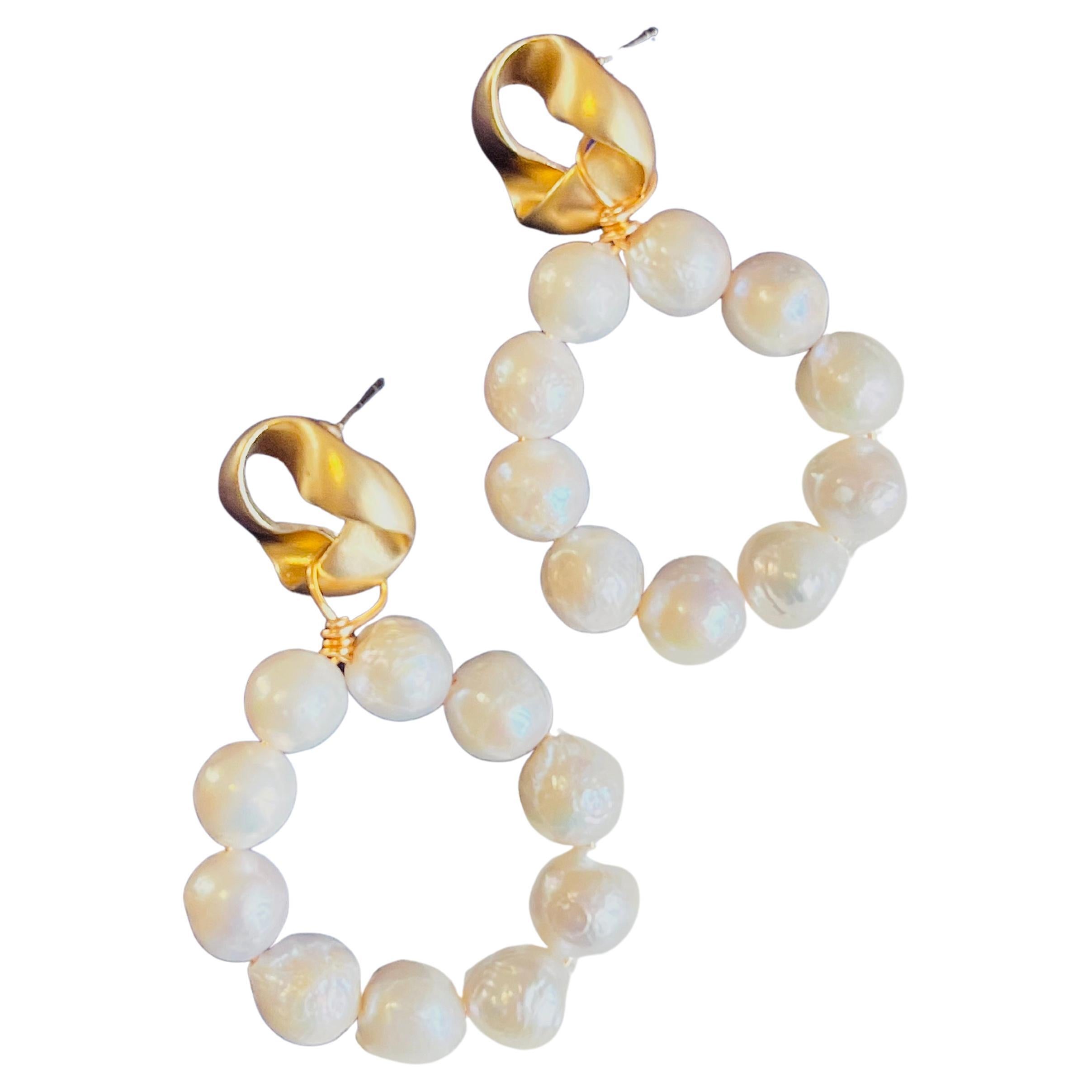 Large White Natural Pearls Circle Round Hoop Retro Pierced Drop Gold Earrings