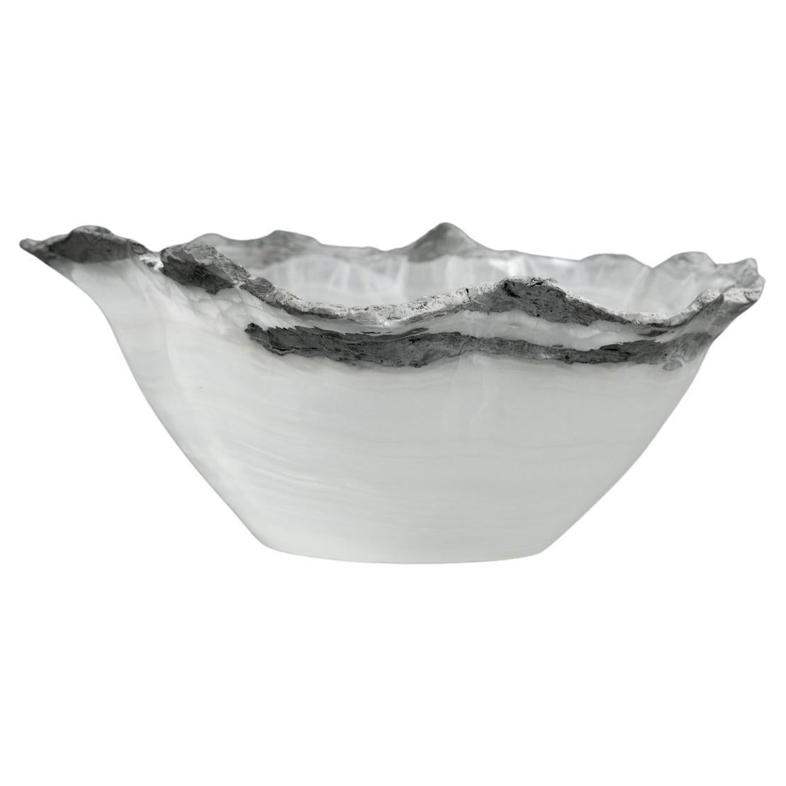 Large White Onyx Bowl with Gray Raw Edge For Sale