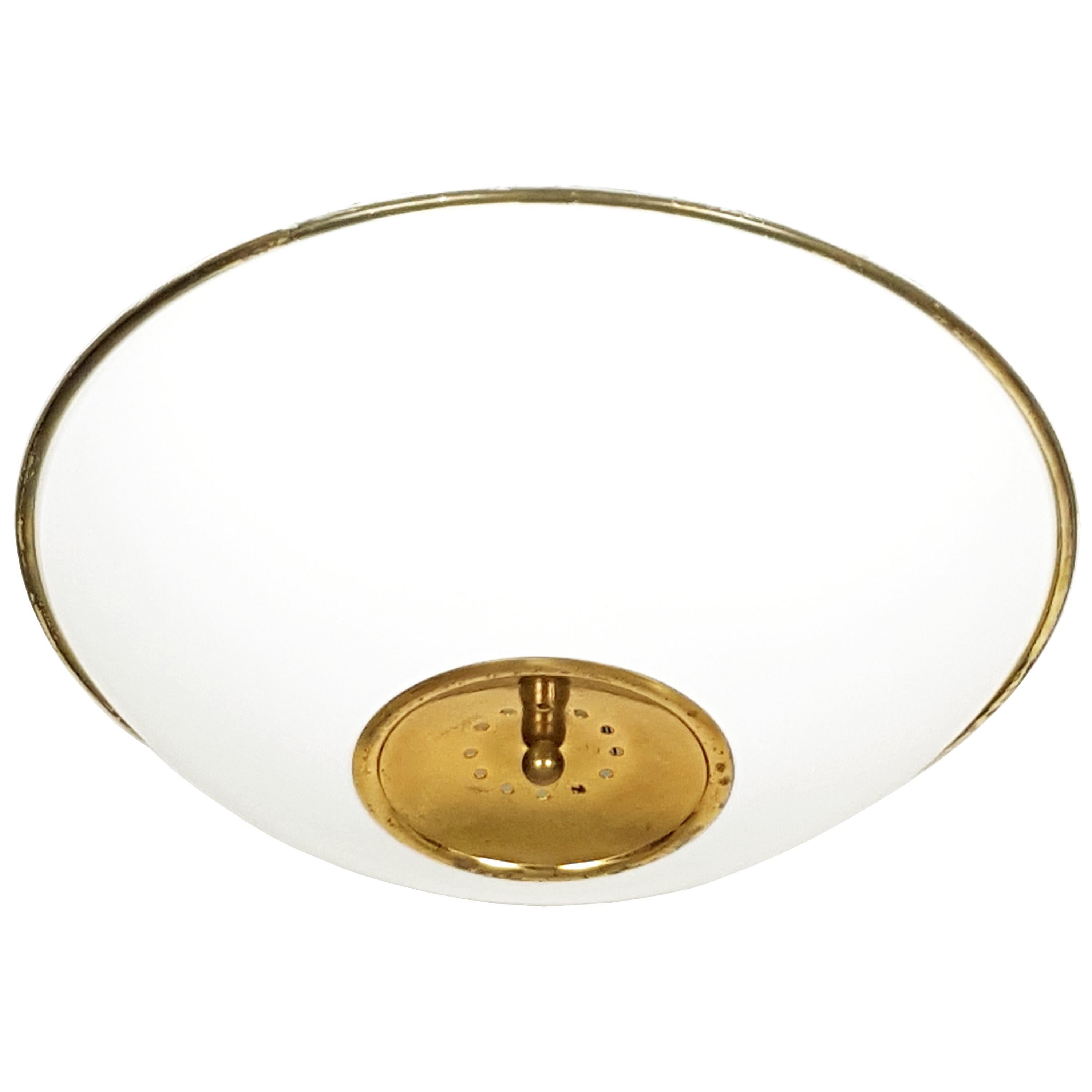 Large White Opaline Glass Shade and Brass 1970-1980 Ceiling Light