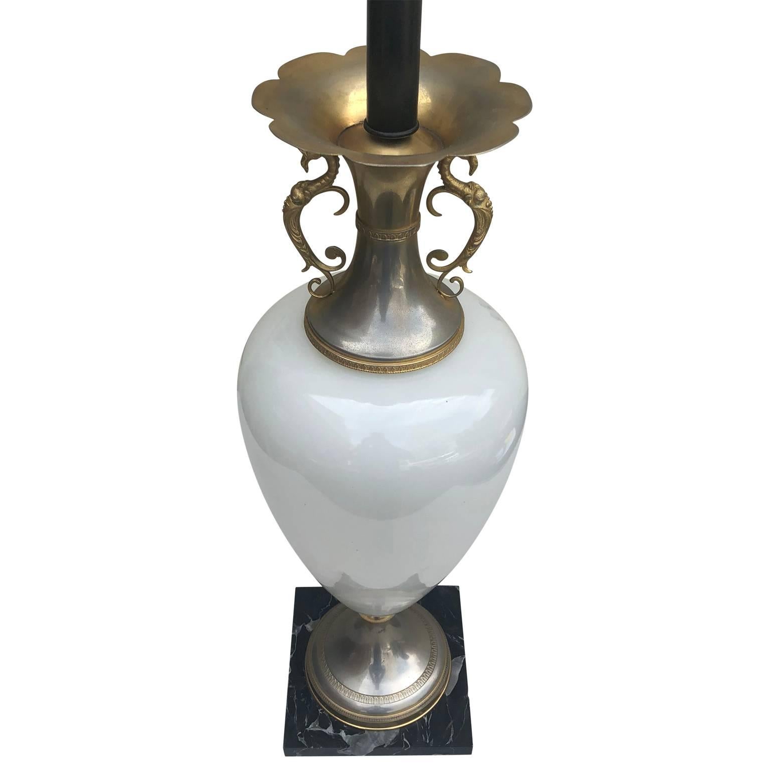Large white opaline table lamp on black marble base.

Height to top of socket is 24 inches.