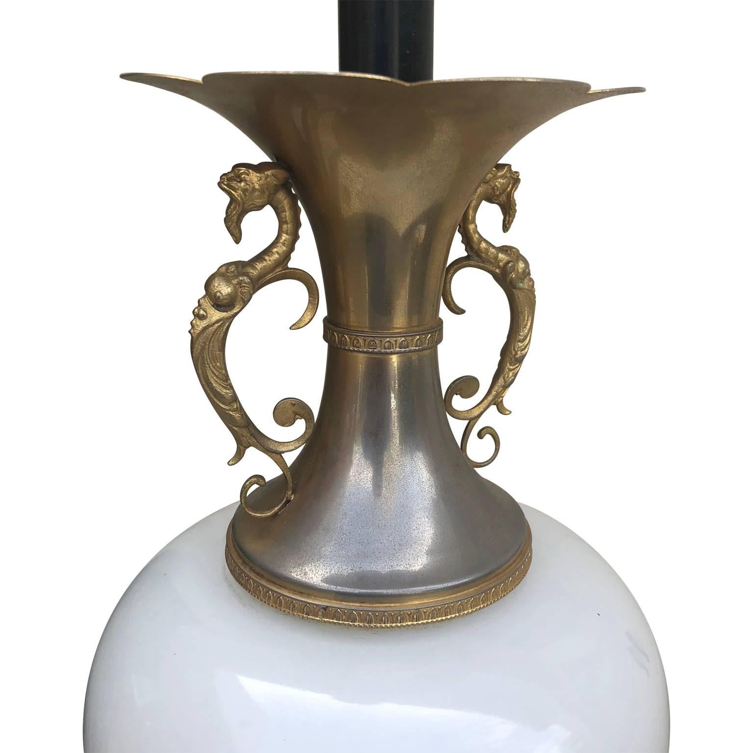 Gilt Large White Opaline Table Lamp on Black Marble Base