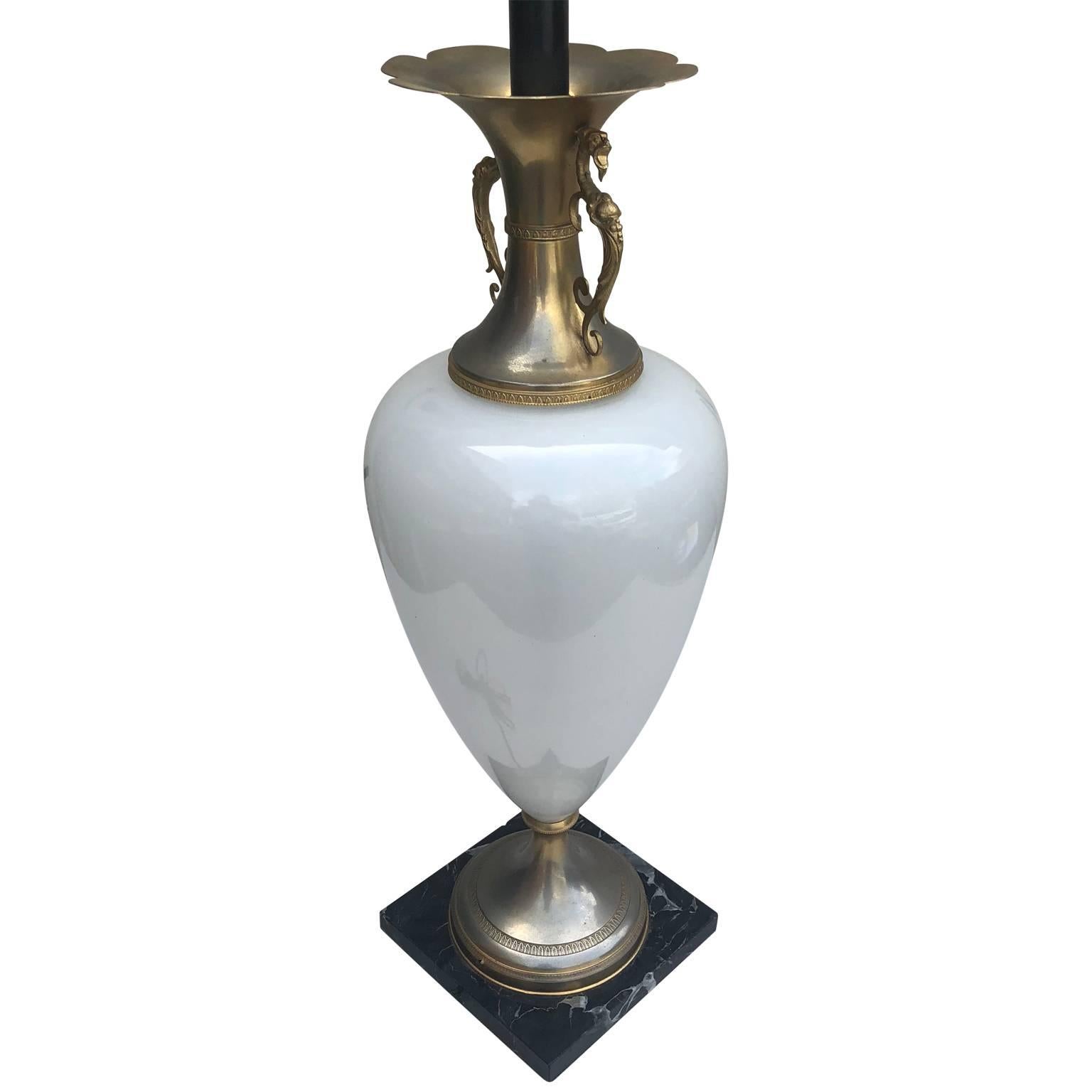 20th Century Large White Opaline Table Lamp on Black Marble Base